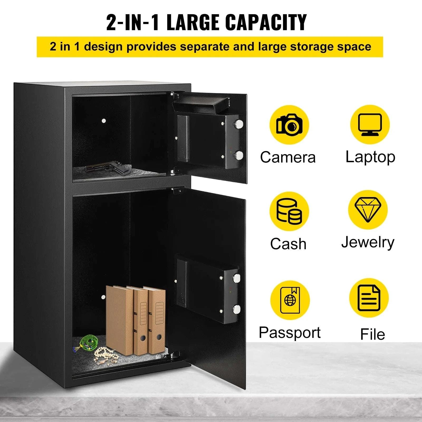 33" Double Door Steel Safe with Digital Lock & Hidden Storage-Black / United States