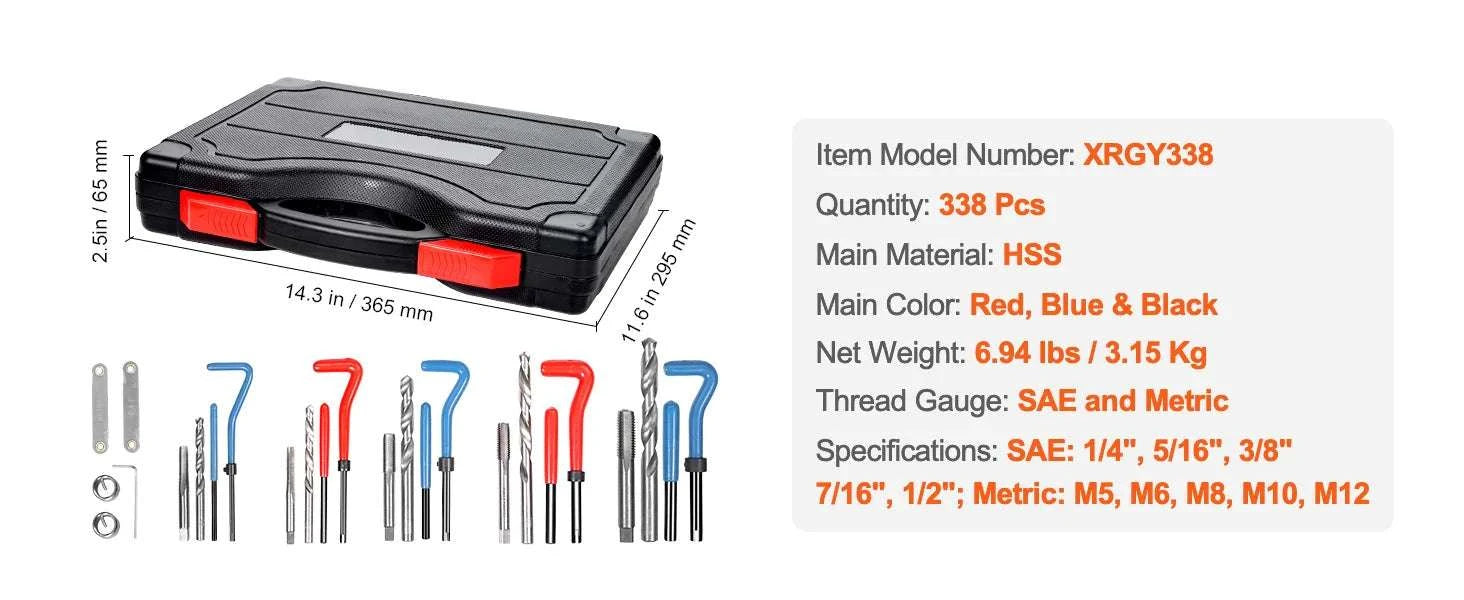 338PCS Helicoil Thread Repair Kit SAE & Metric Drill Tap Set-338 pcs / United States