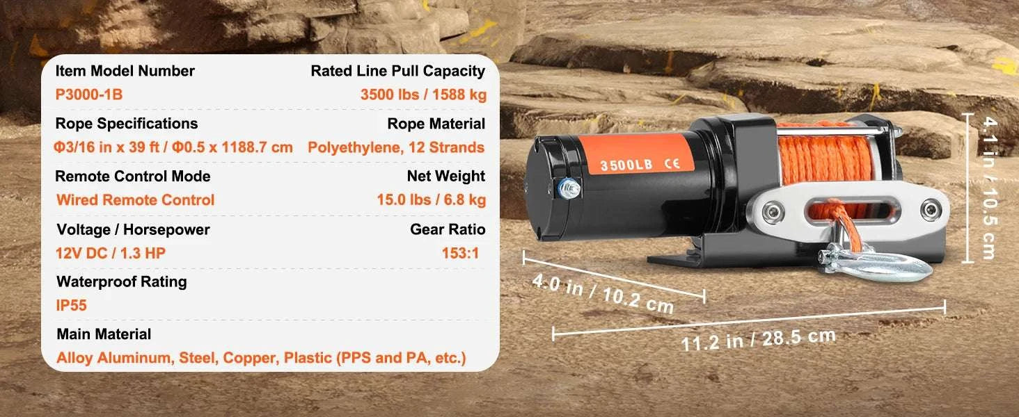 3500 lbs Electric ATV Winch with 39 ft Synthetic Rope & Wired Control-3500lbs / United States