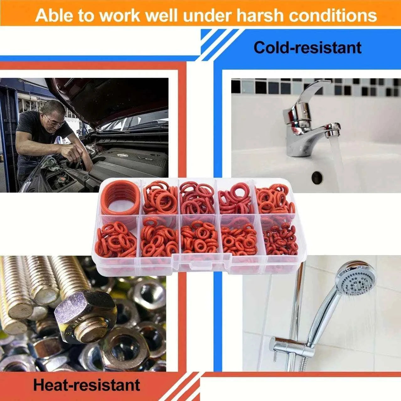 351pcs silicone O-ring set, 10 sizes, oil and heat resistant, suitable for cars and pipelines