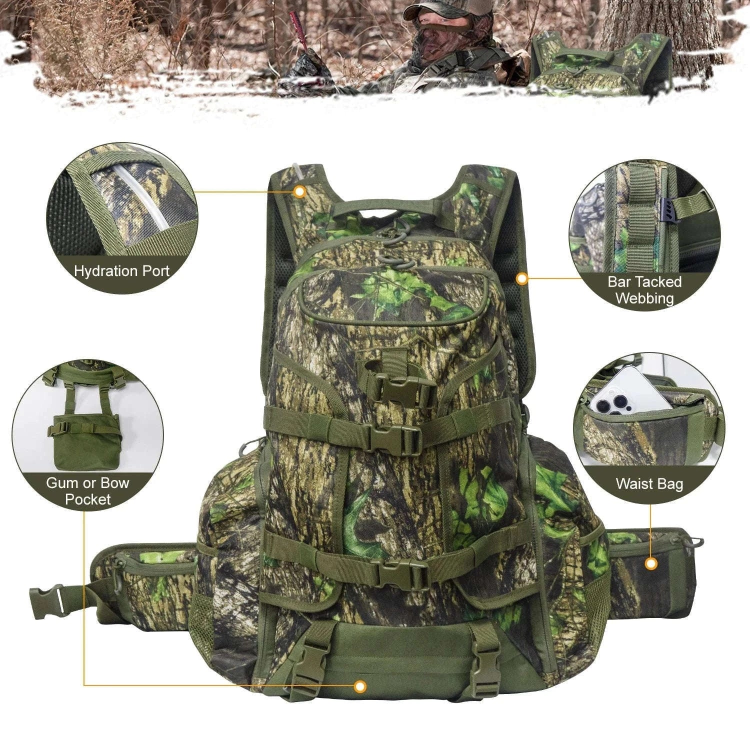 35L Hunting Backpack for Rifle, Bow and Gear Storage-Green