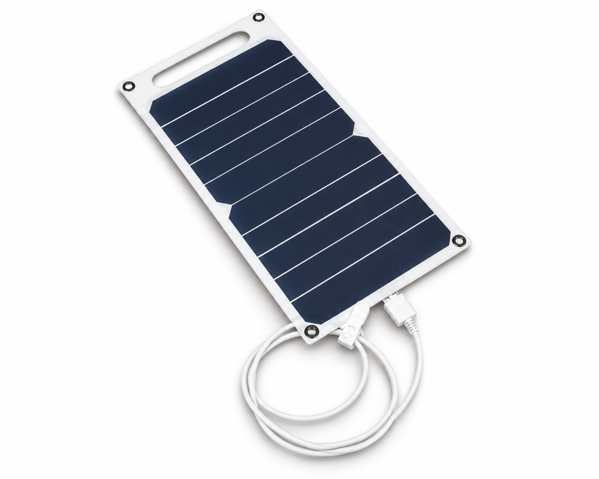 Portable solar panel with USB cable on white background