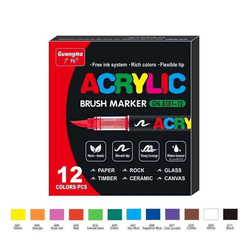 36-Color Acrylic Marker Pens Set with Brush Nib-12 Colors