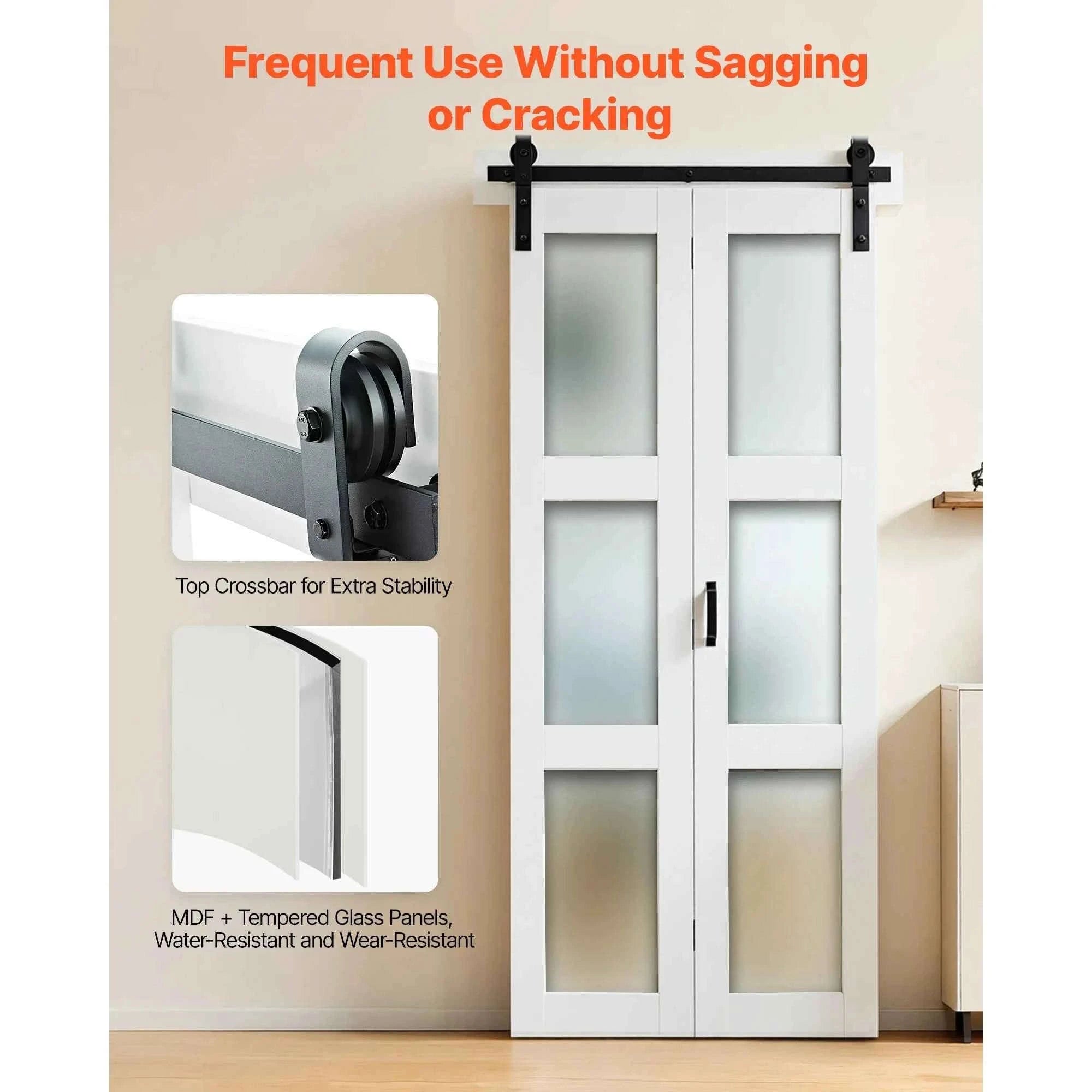 36 x 84 Frosted Glass Bifold Barn Door with Header Board and Hardware Kit, White-36x84inch / United States