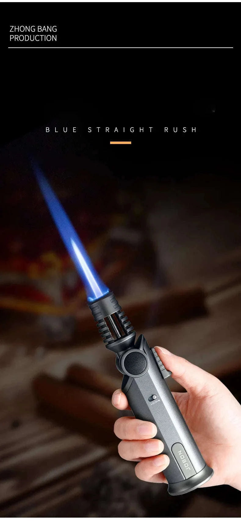 360° Rotatable Blue Flame Butane Lighter with Safety Lock-black