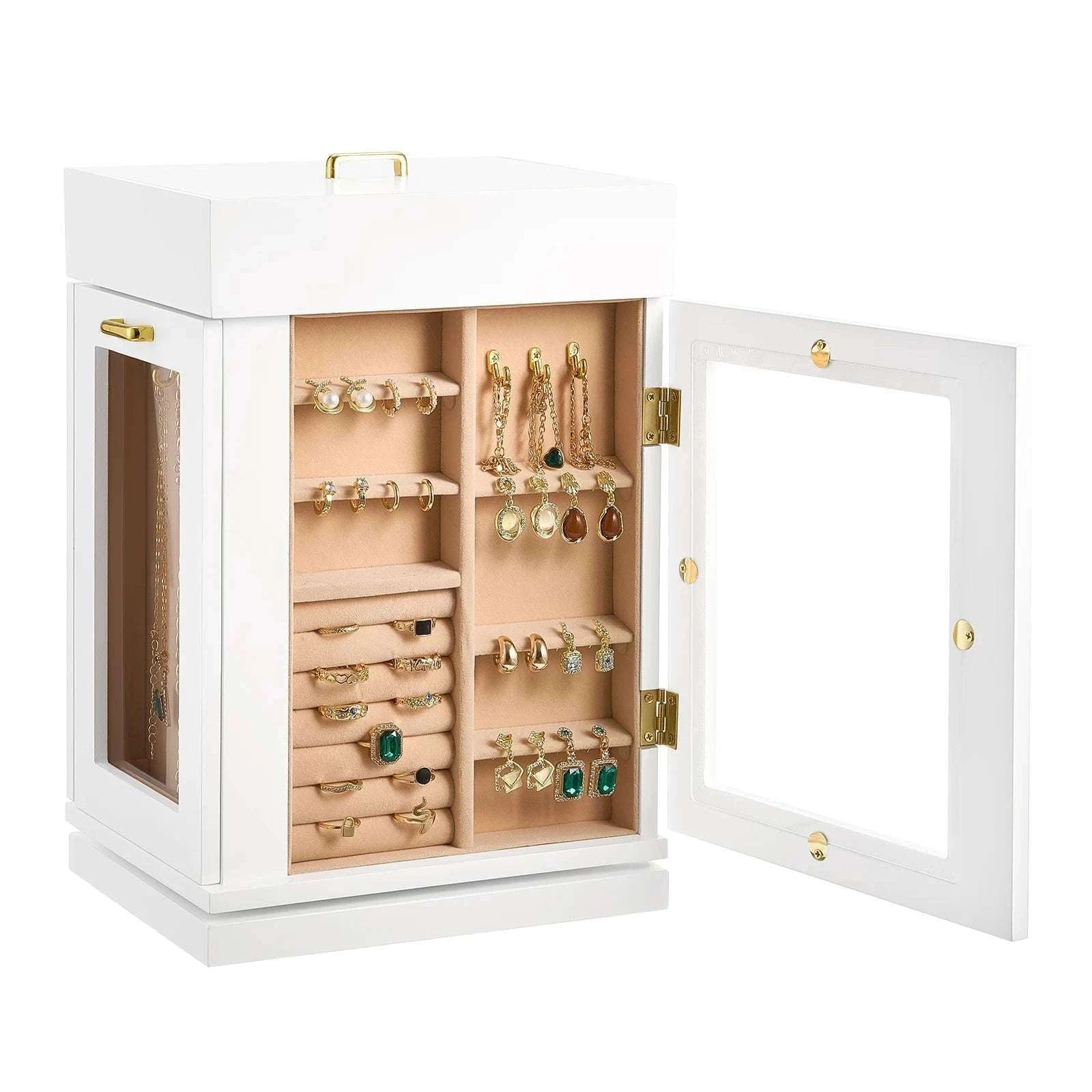 360° Rotating Jewelry Organizer Box with Acrylic Window & Hooks-2-Side Door / france