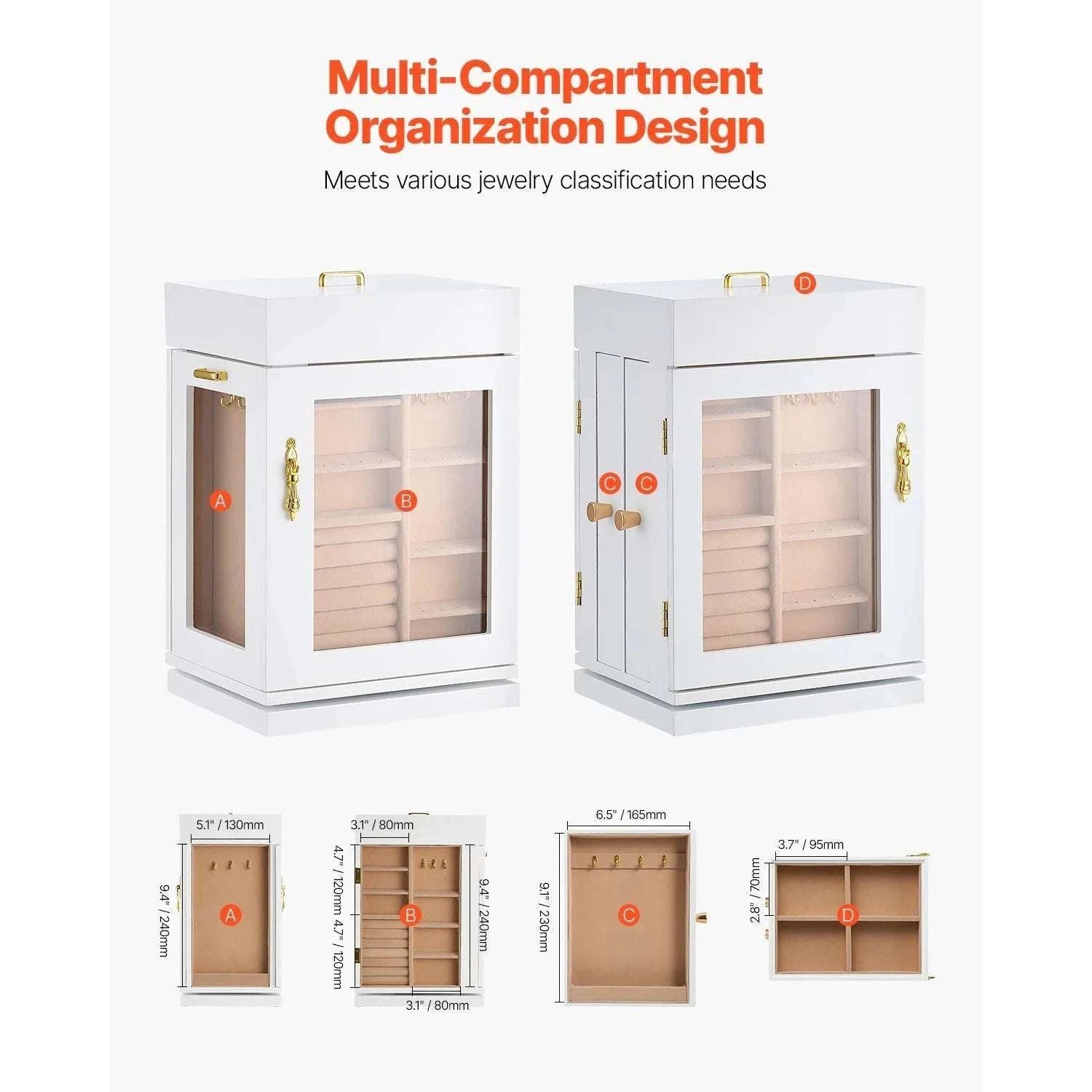 360° Rotating Jewelry Organizer Box with Acrylic Window & Hooks-2-Side Door / france