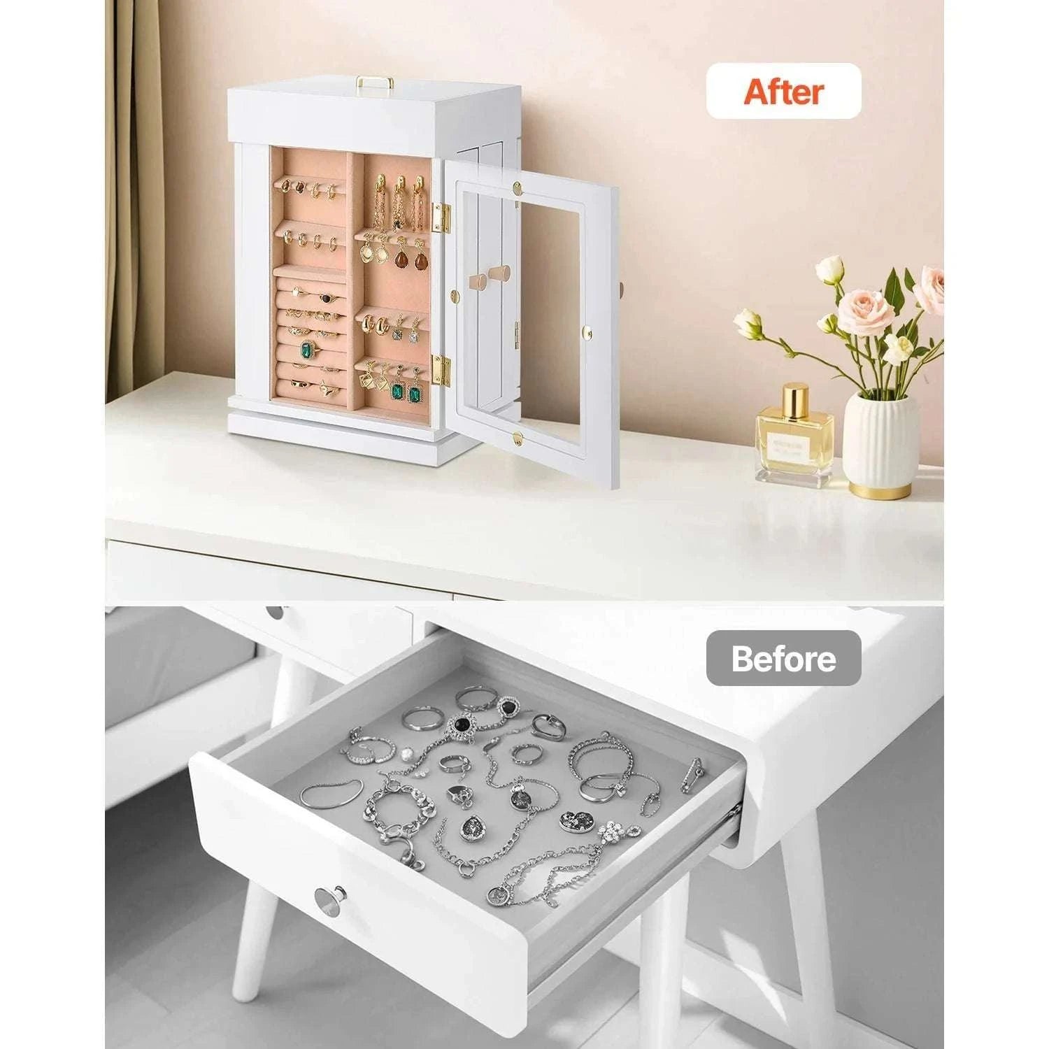 360° Rotating Jewelry Organizer Box with Acrylic Window & Hooks-2-Side Door / france