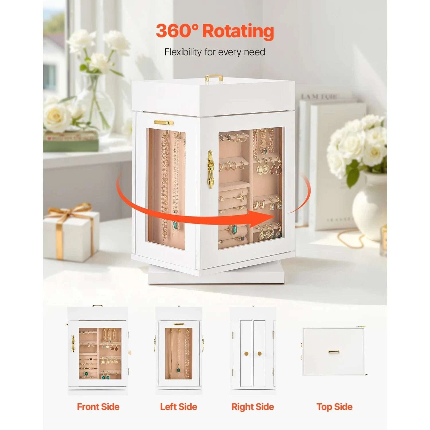 360° Rotating Jewelry Organizer Box with Acrylic Window & Hooks-2-Side Door / france