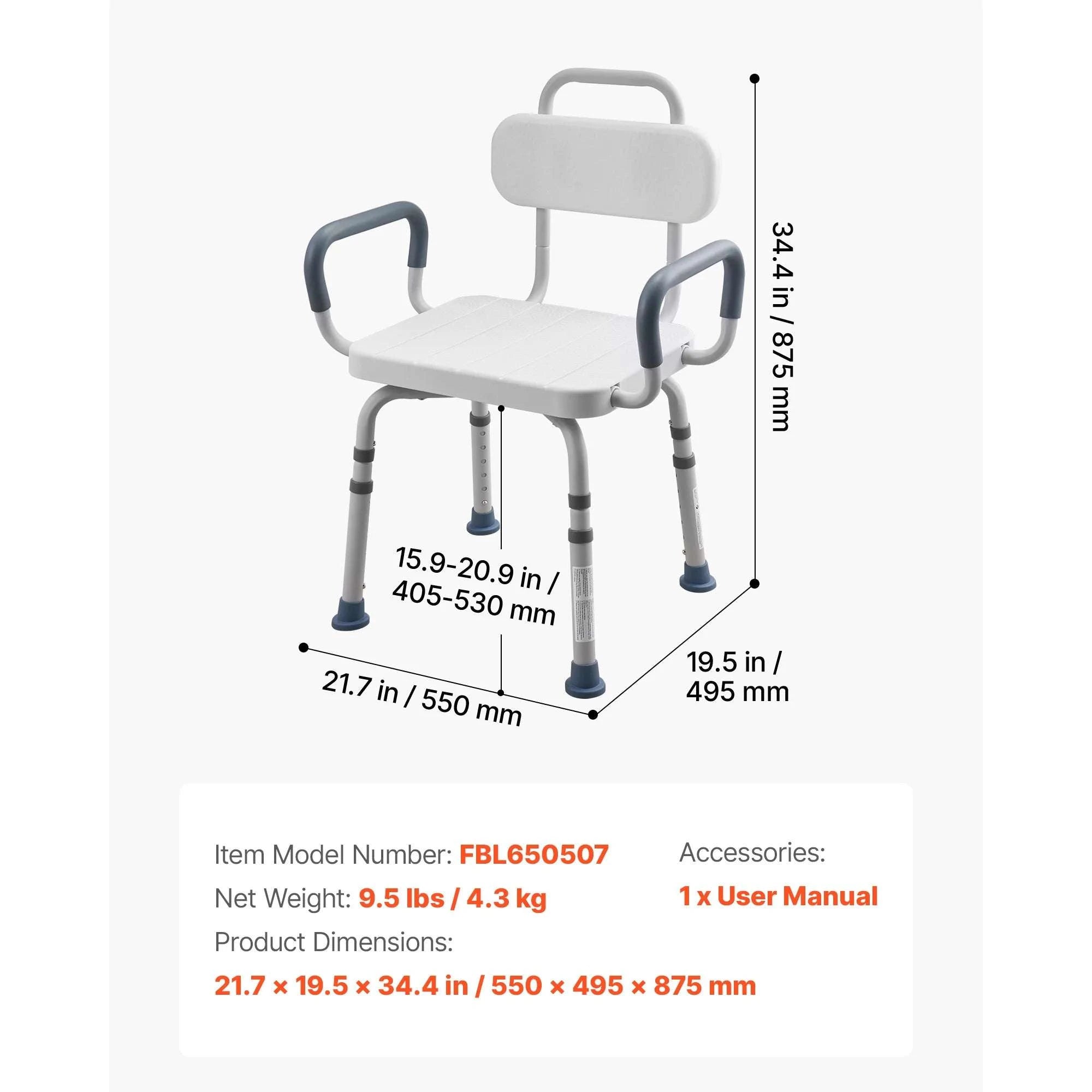 360° Rotating Shower Chair with Arms, Back & Adjustable Height-400 lbs / United States