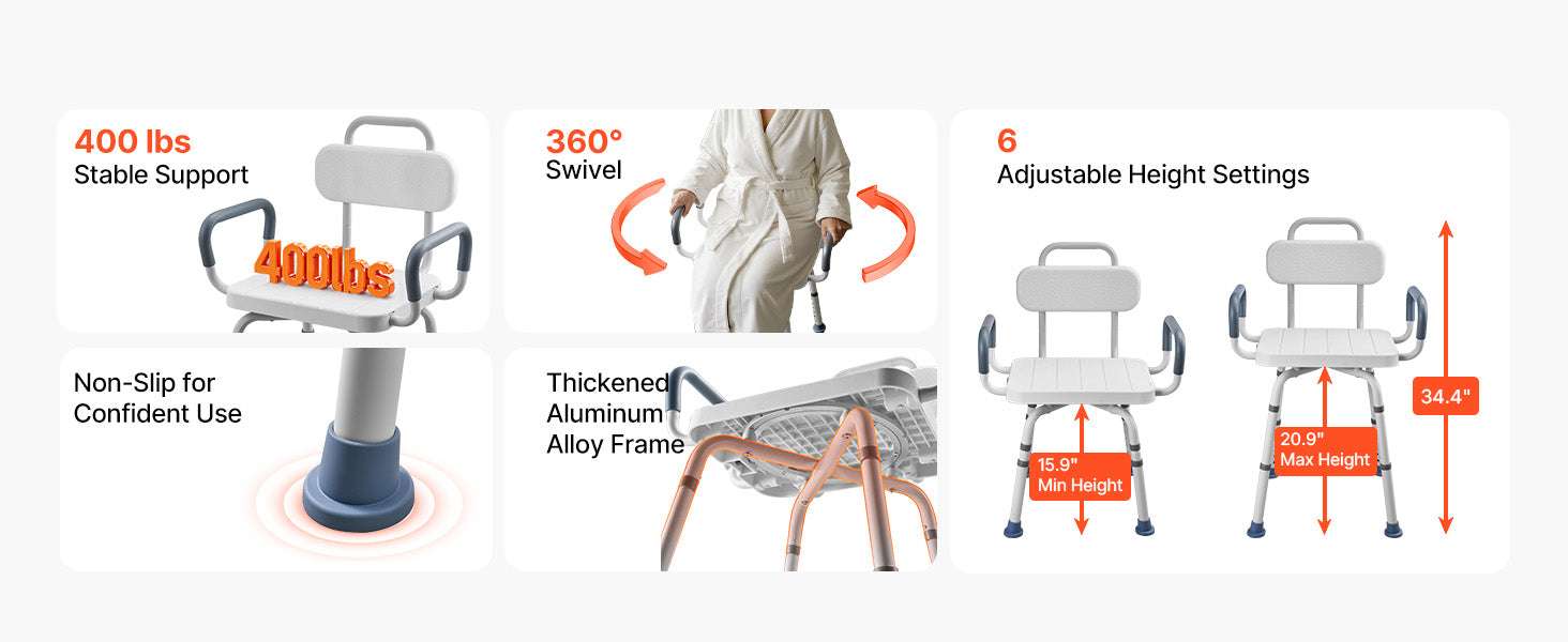 360° Rotating Shower Chair with Arms, Back & Adjustable Height-400 lbs / United States
