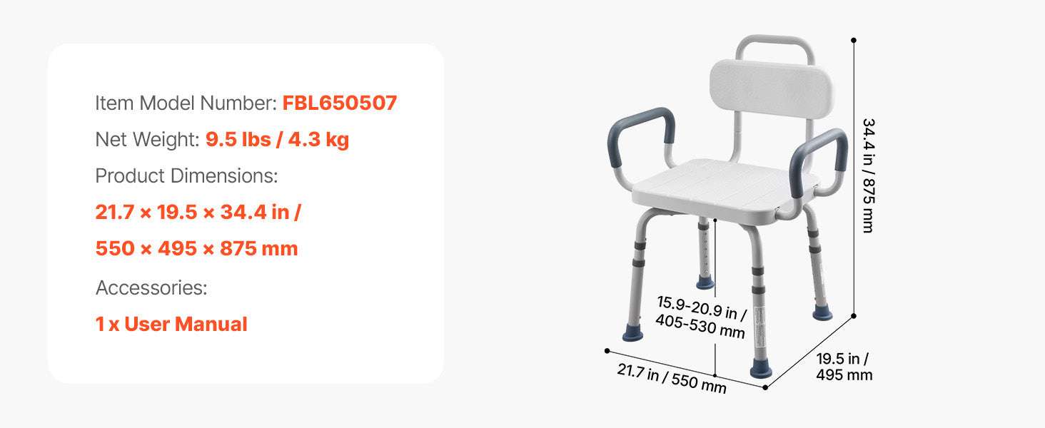 360° Rotating Shower Chair with Arms, Back & Adjustable Height-400 lbs / United States