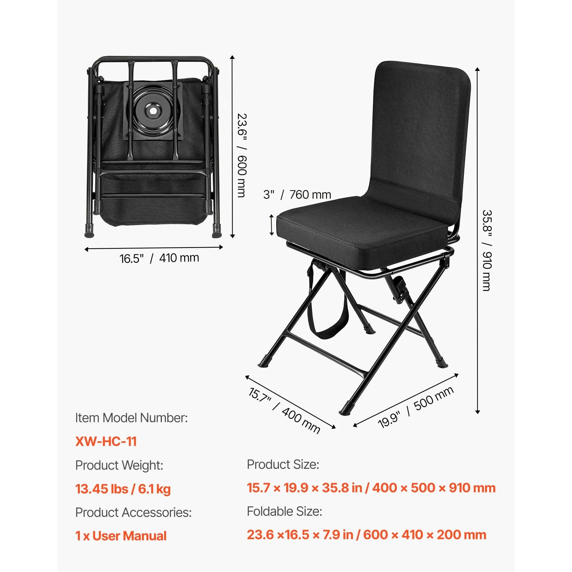 360° Silent Swivel Foldable Hunting Chair with Adjustable Shoulder Straps-300 lbs / United States