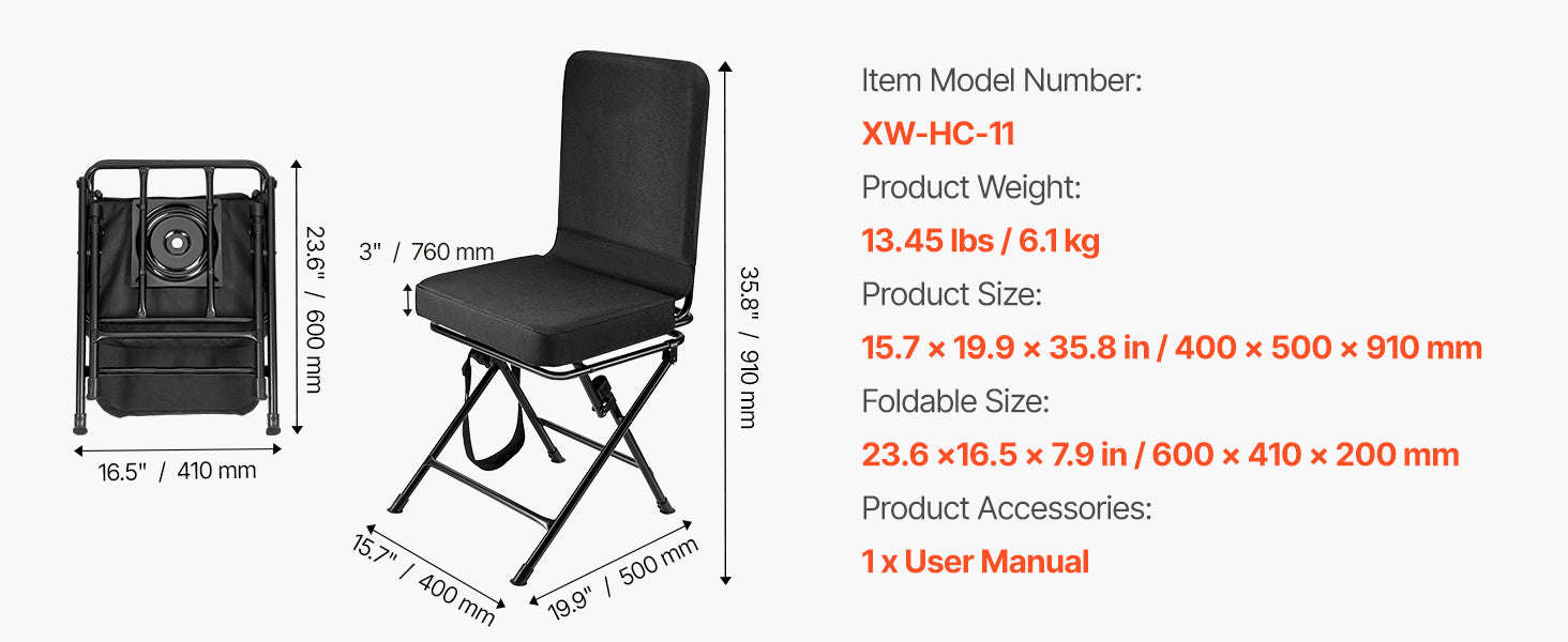 360° Silent Swivel Foldable Hunting Chair with Adjustable Shoulder Straps-300 lbs / United States