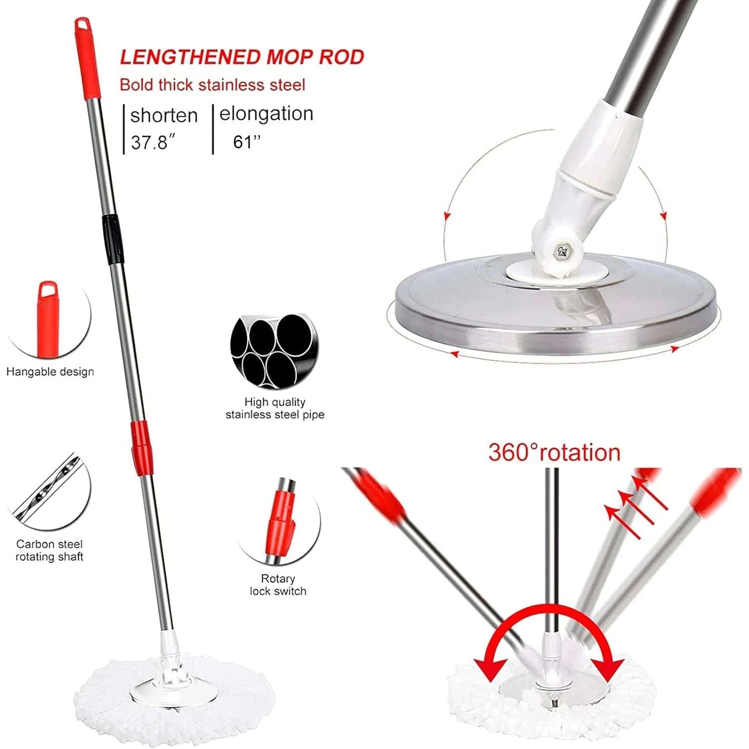 360° Spin Mop Bucket Set with Stainless Steel Wring System-mop bucket 3pads / United States