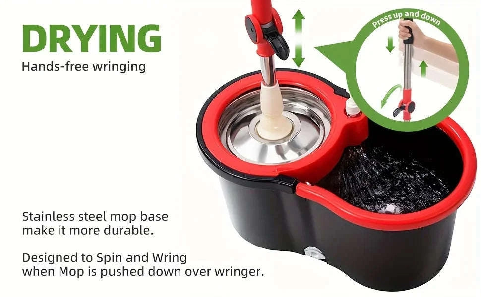 360° Spin Mop Bucket System with Pedal Wringer & 3 Microfiber Heads-United States / Black Red