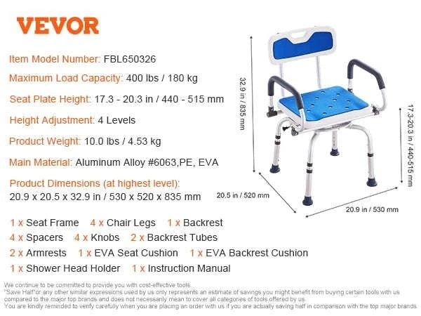 360° Swivel Shower Chair with Backrest, Arms & Adjustable Height-FBL650326 / United States