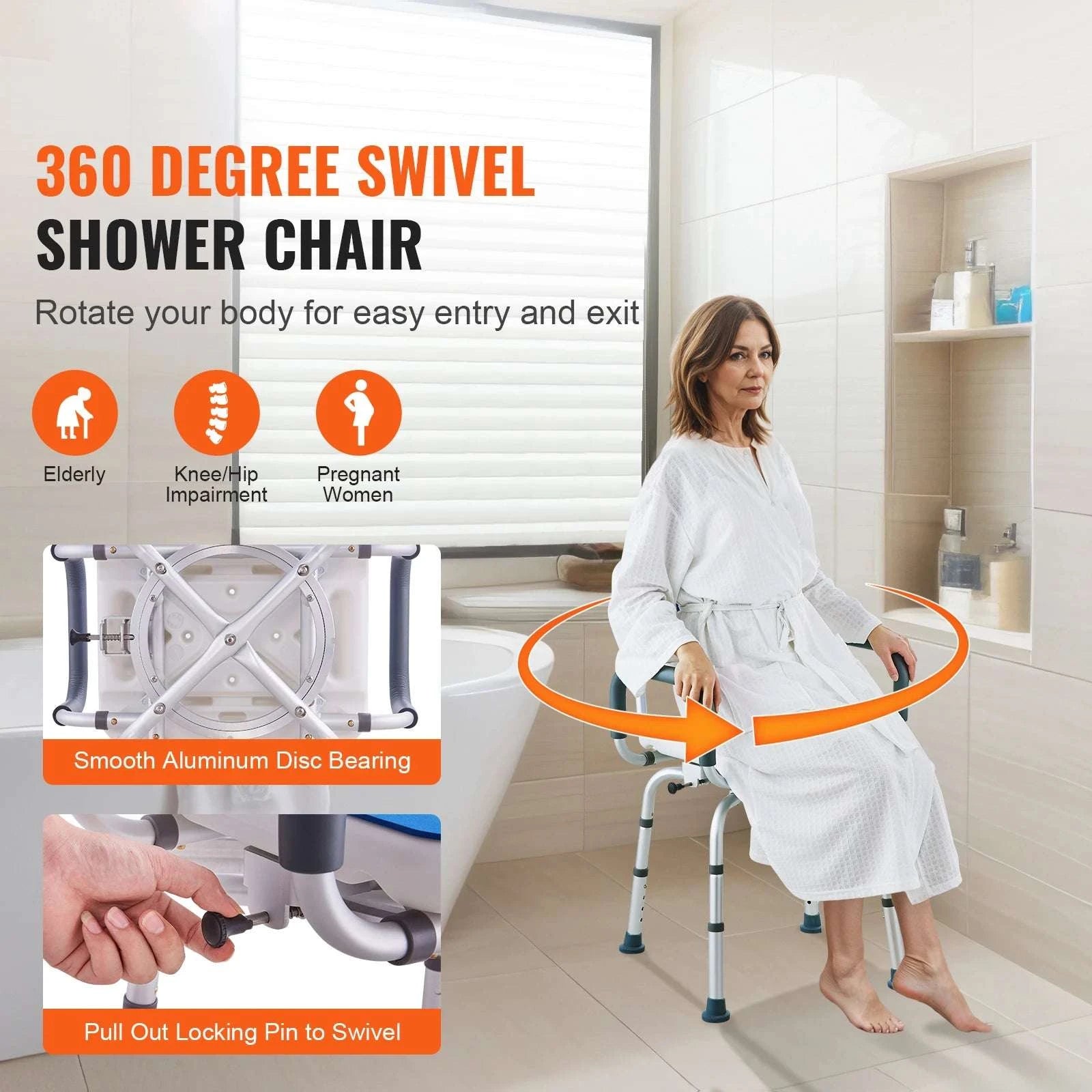 360° Swivel Shower Chair with Backrest, Arms & Adjustable Height-FBL650326 / United States