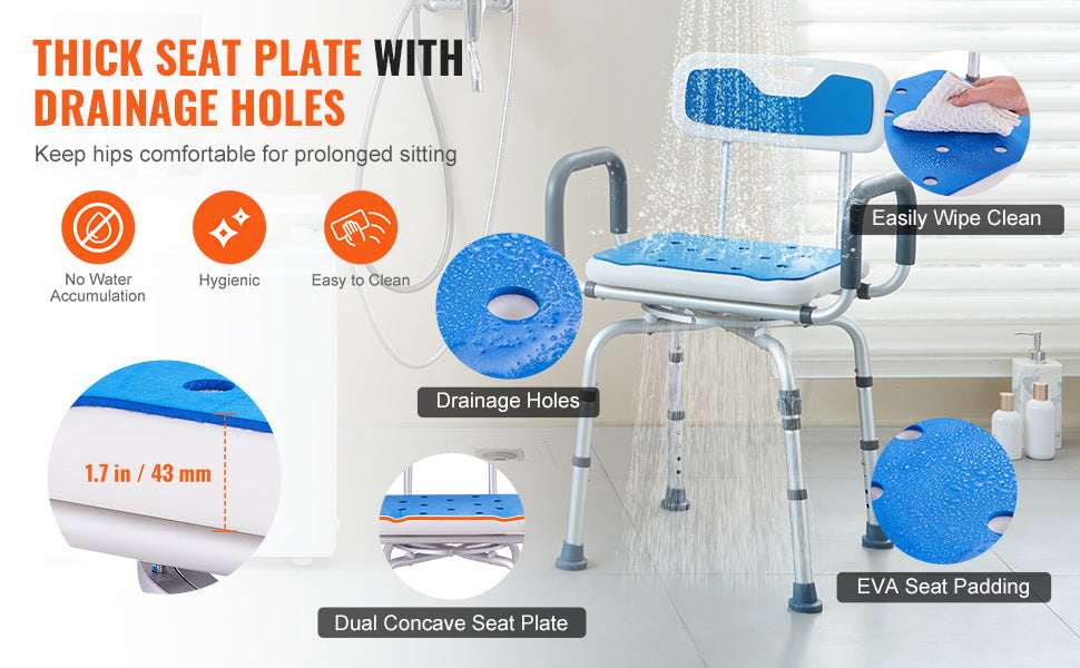 360° Swivel Shower Chair with Backrest, Arms & Adjustable Height-FBL650326 / United States