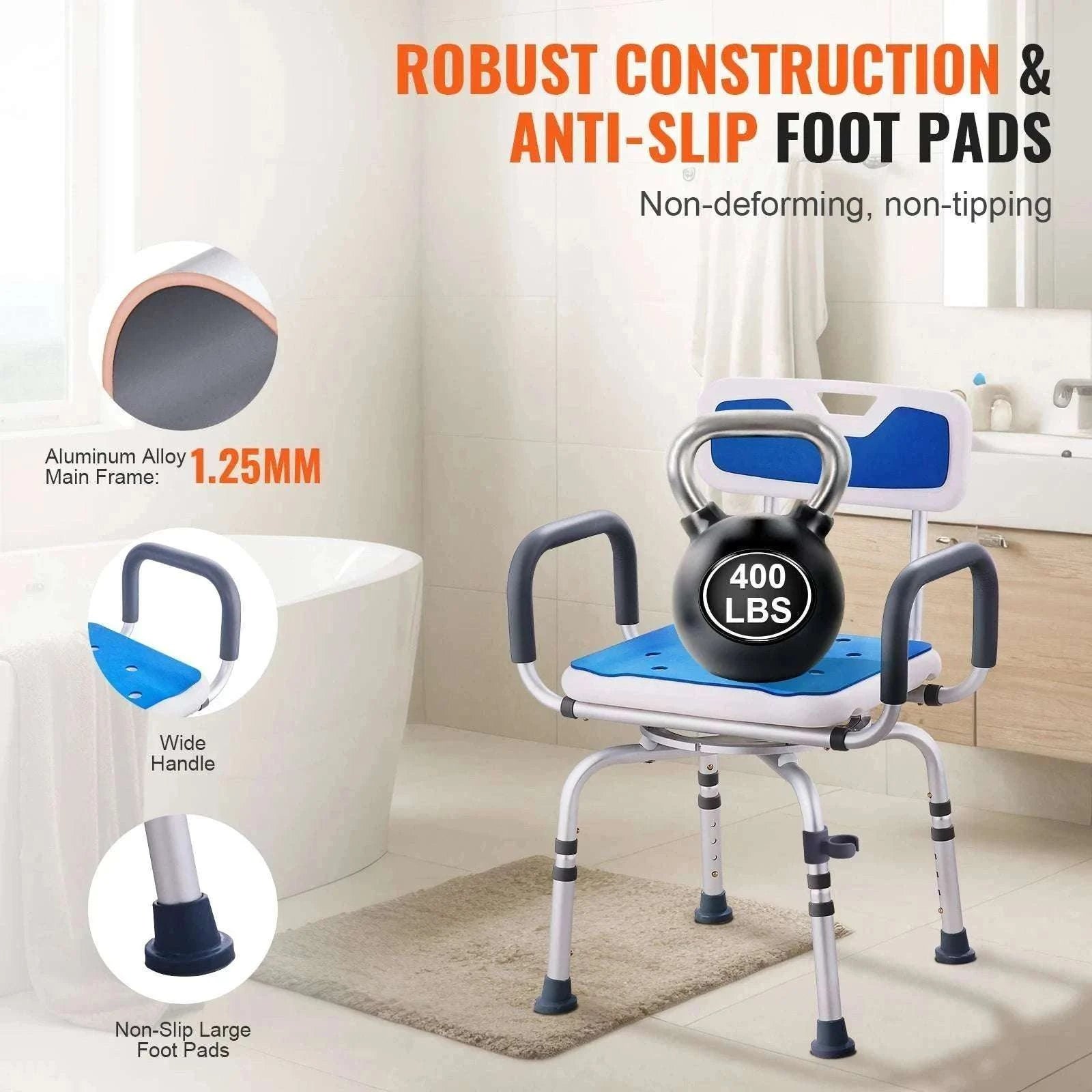 360° Swivel Shower Chair with Backrest, Arms & Adjustable Height-FBL650326 / United States