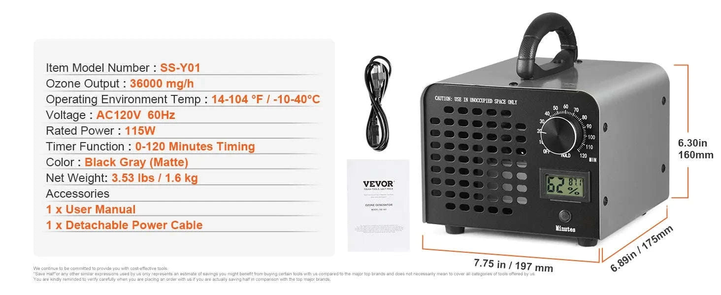 36000mg/h Ozone Generator Odor Remover with Timer-United States