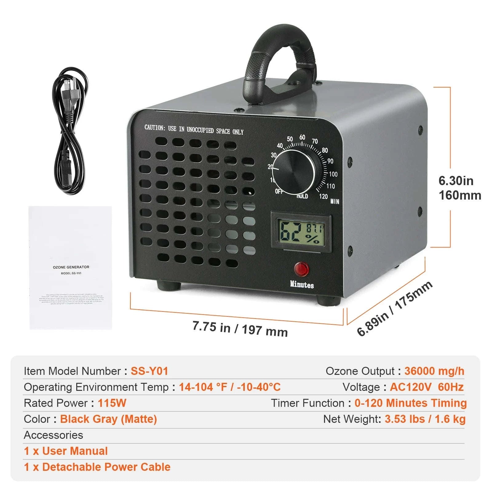 36000mg/h Ozone Generator Odor Remover with Timer-United States