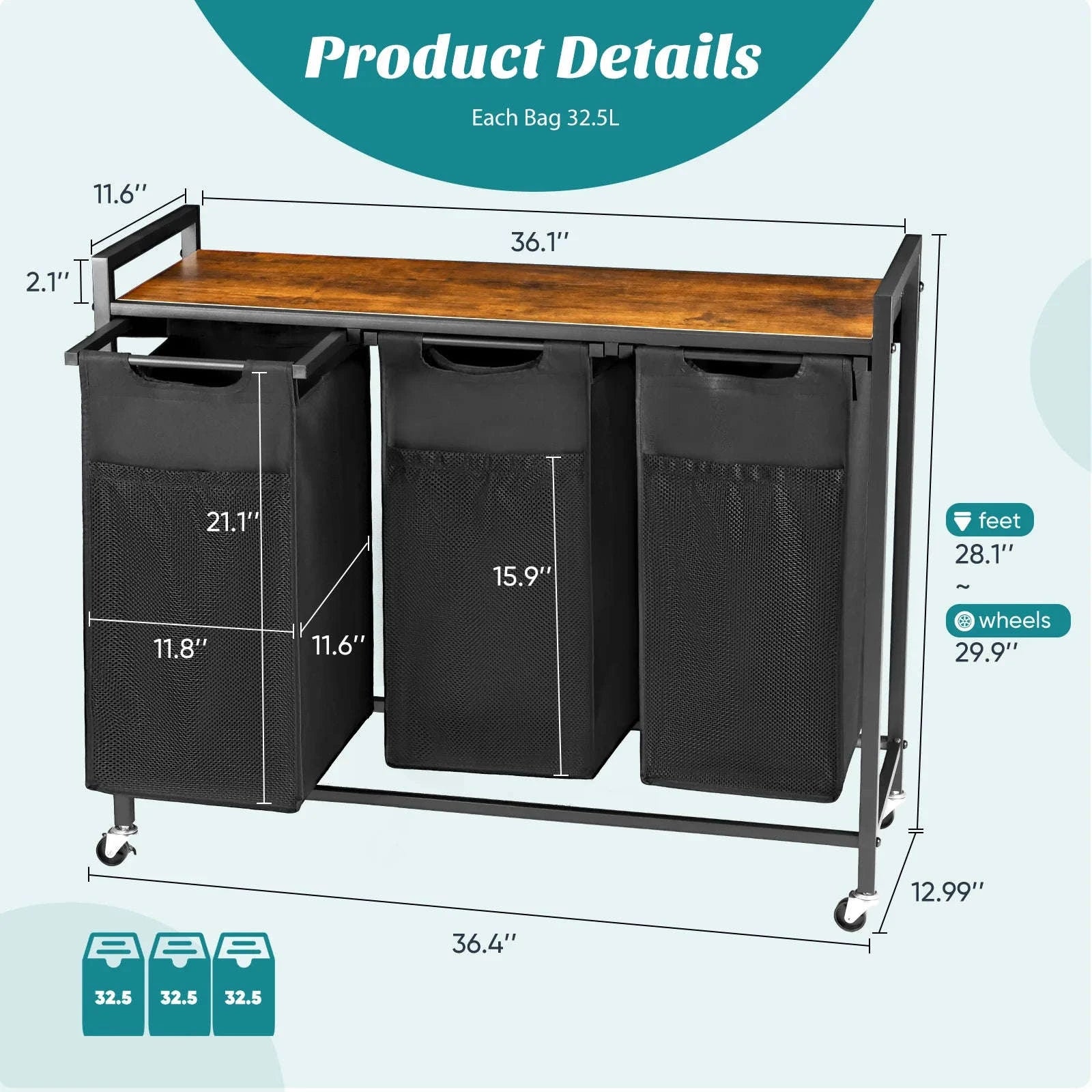 36in Rolling Laundry Cabinet with Removable Sorter Bags-Rust / United States