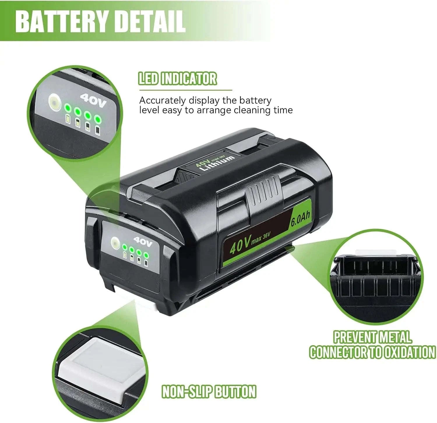 36V/40V 6.0Ah Lithium-Ion Battery Replacement with LED Indicator-for Ryobi / 40V / United States