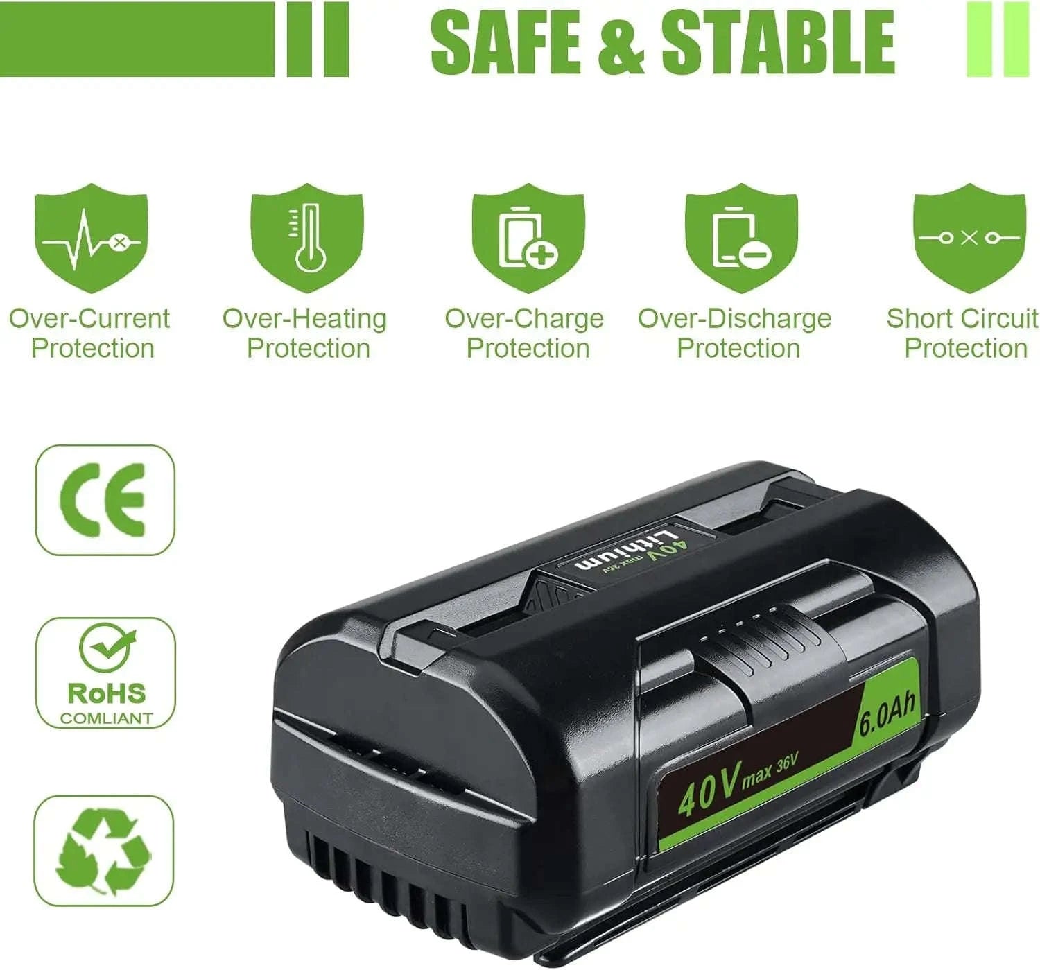 36V/40V 6.0Ah Lithium-Ion Battery Replacement with LED Indicator-for Ryobi / 40V / United States