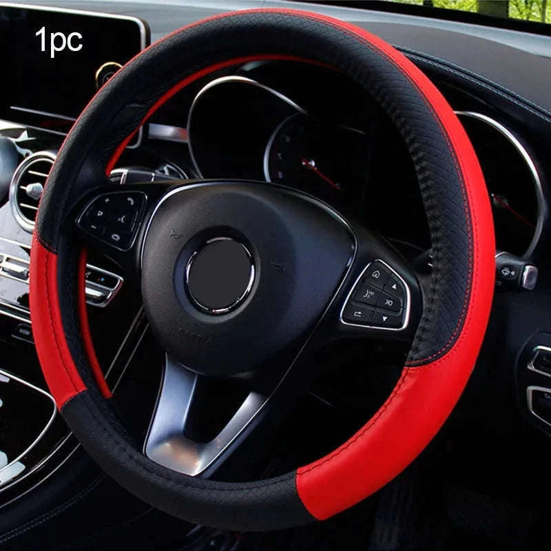 38cm Faux Leather Steering Wheel Cover-black