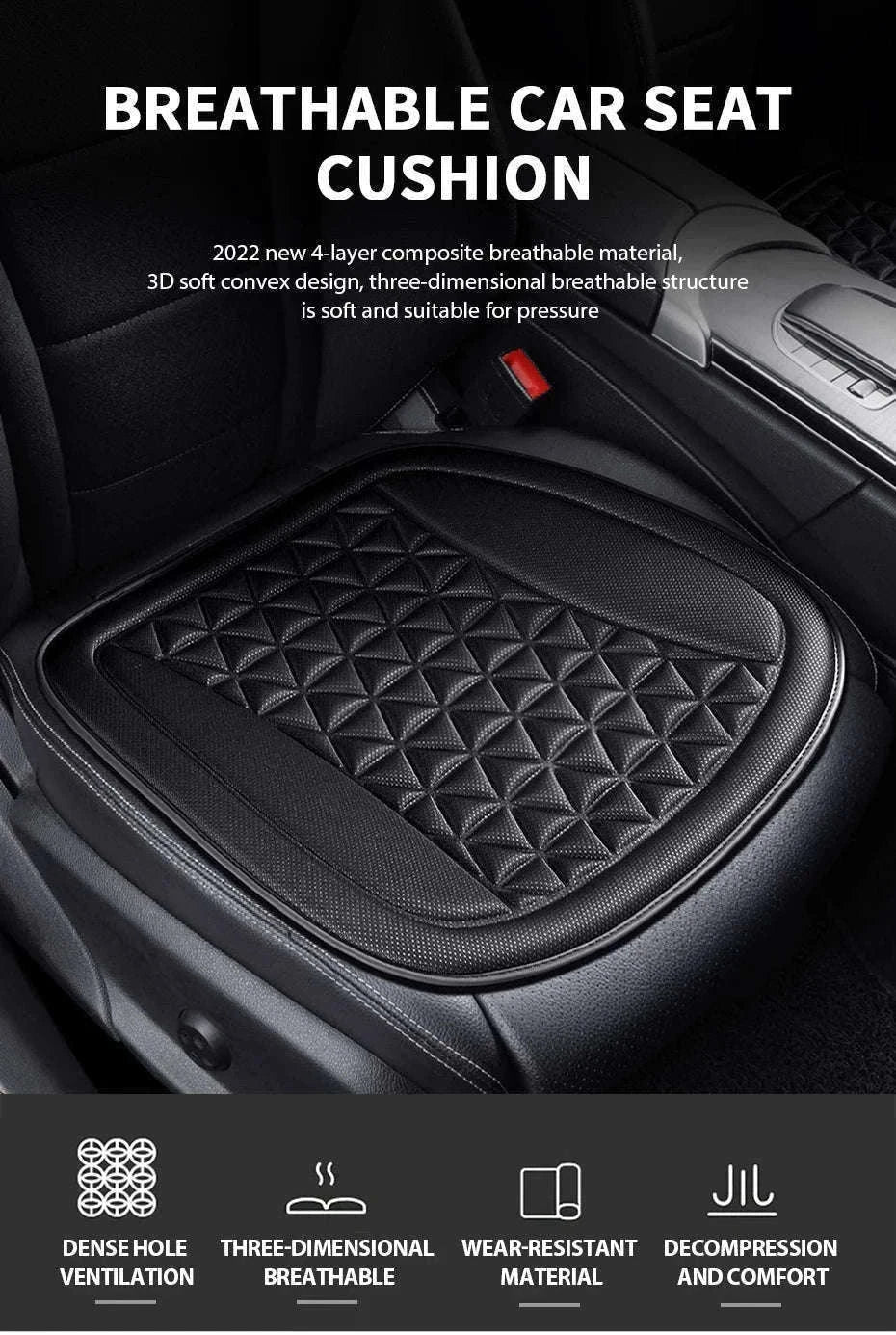 3D Breathable Car Seat Cover Cushion-Black front pad 1pc