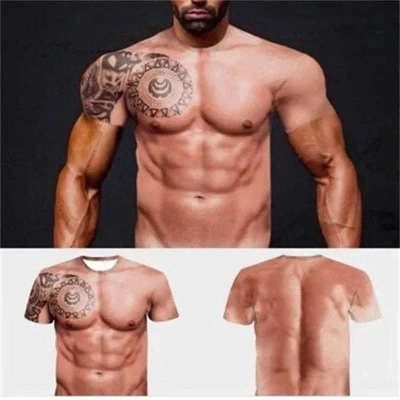 3D Muscle Tattoo Print T-Shirt-F202412171607785 / S