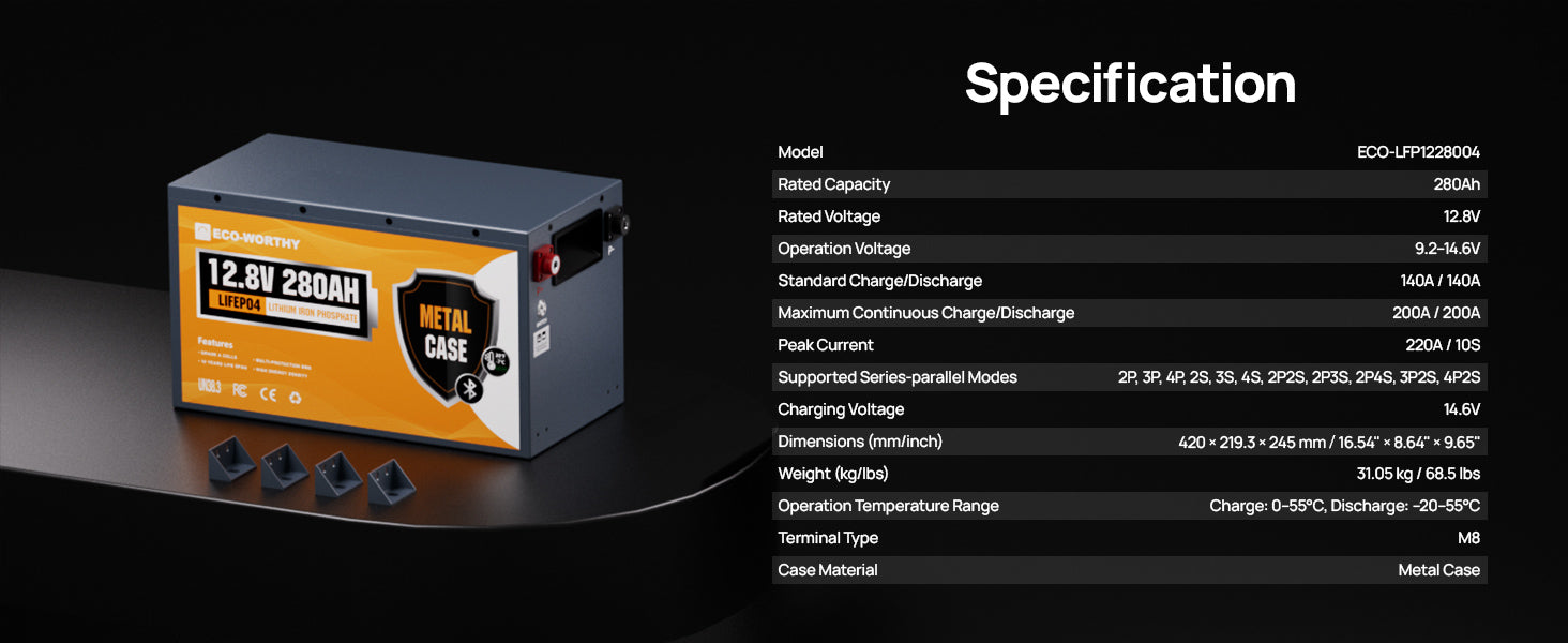 12V 280Ah LiFePO4 baterie pro obytný vůz 3584Wh s Bluetooth a 200A BMS