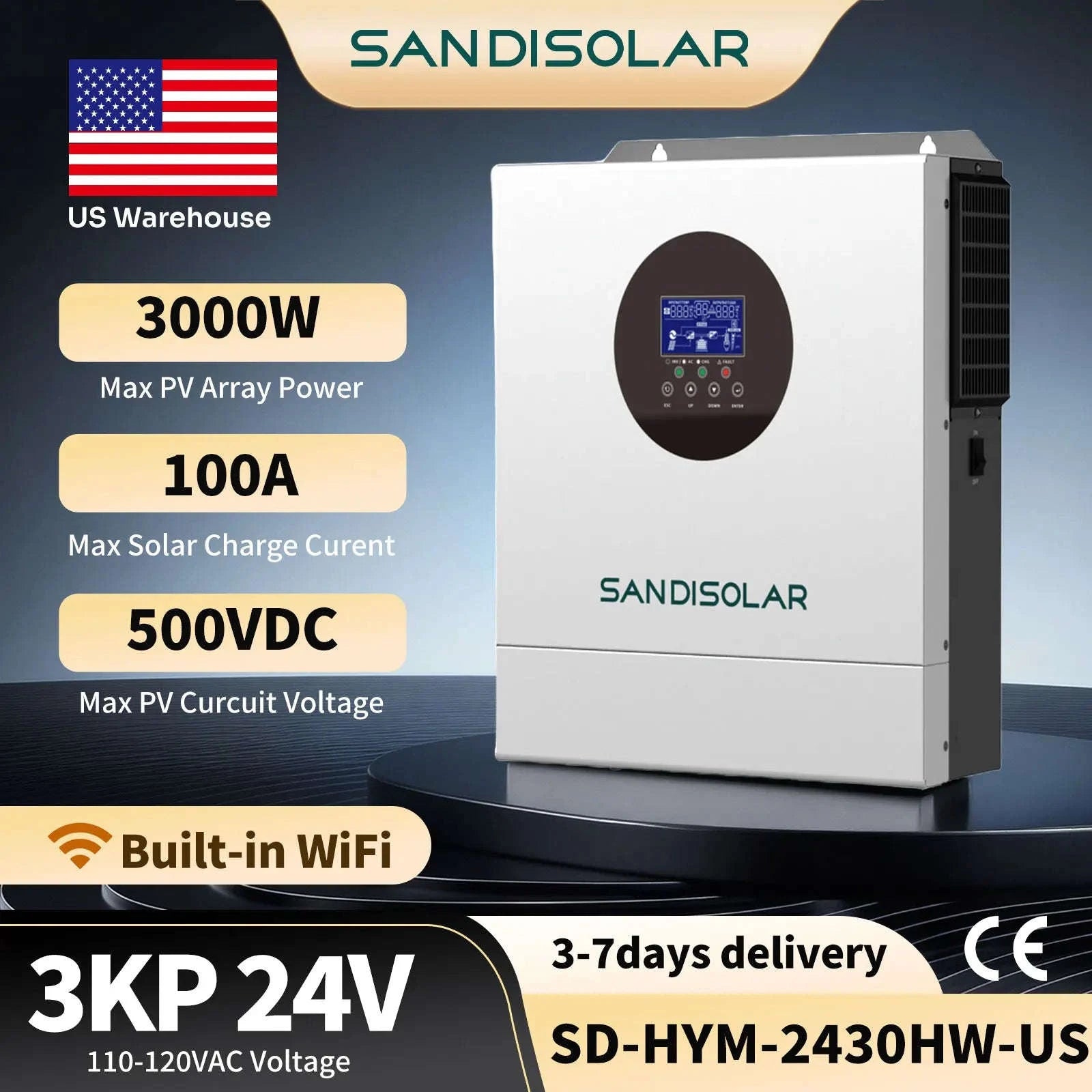 3KW Hybrid Solar Inverter 24V Pure Sine Wave with 100A MPPT-24V 3KW WIFI / 110-120V / 24V|United States