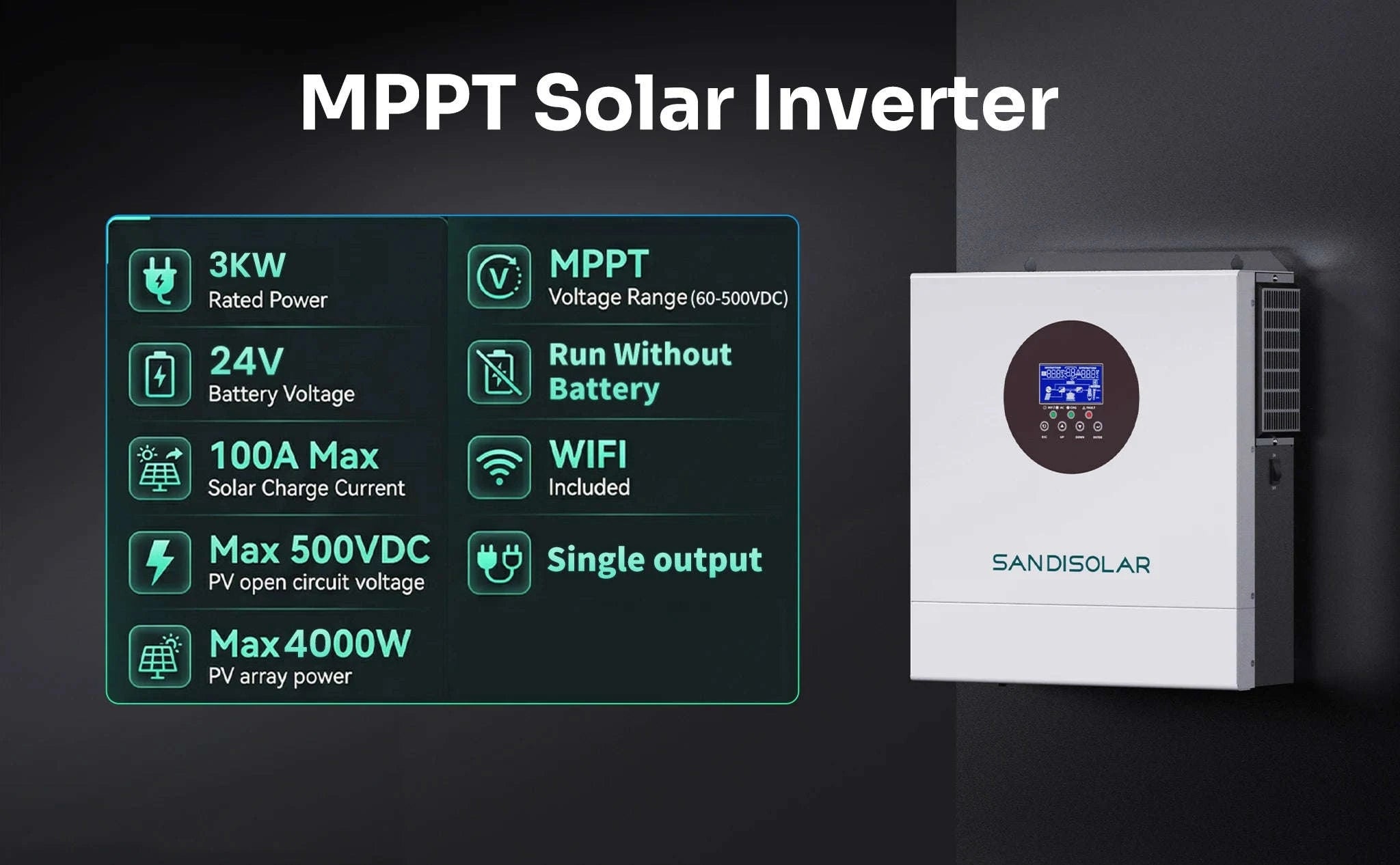 3KW Hybrid Solar Inverter 24V Pure Sine Wave with 100A MPPT-24V 3KW WIFI / 110-120V / 24V|United States