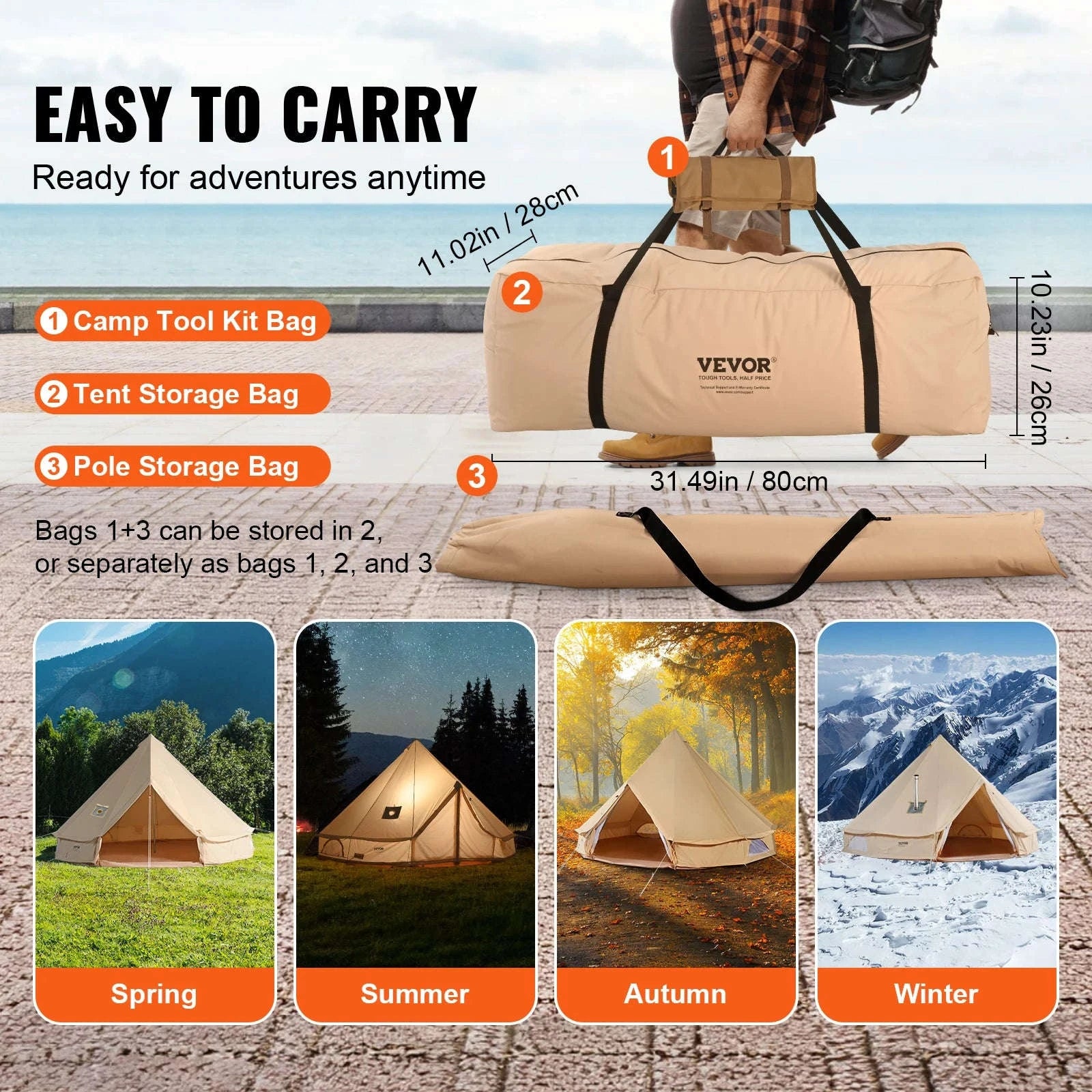 3m Canvas Bell Tent with Stove Jack, Breathable 4-Person-3m / france