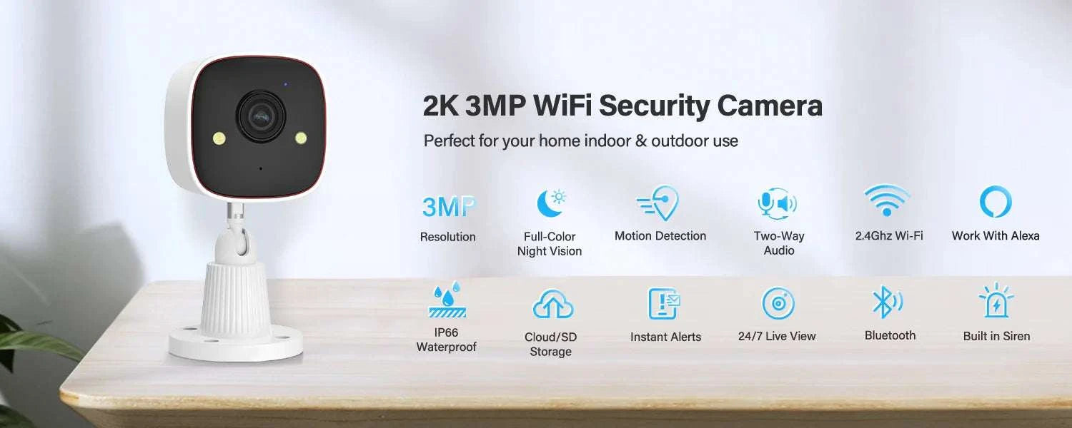 3MP WiFi Security Camera 1296P Outdoor Indoor Waterproof IP66-4PCS / United States