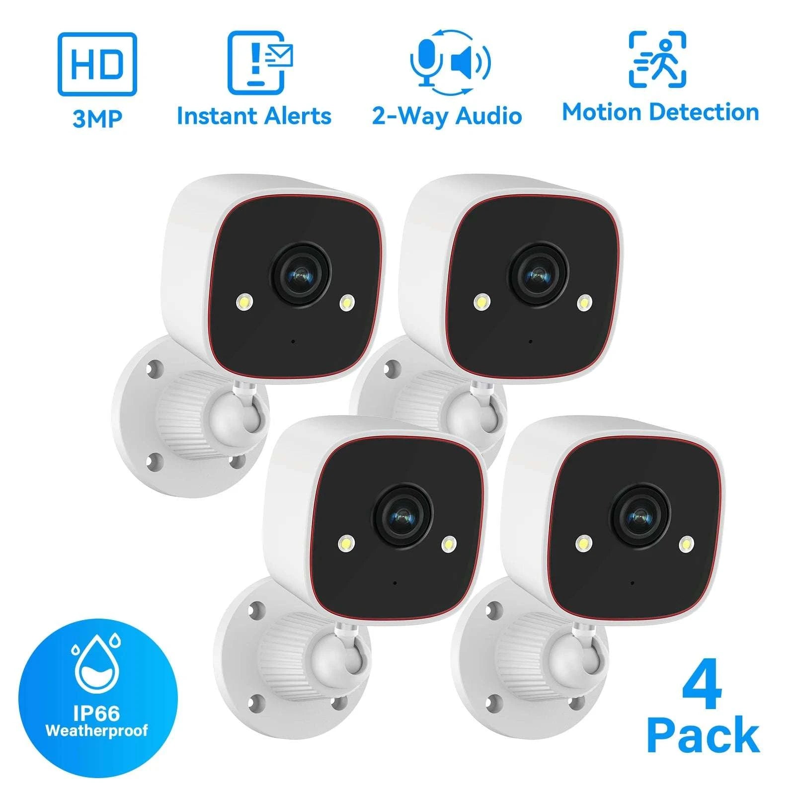 3MP WiFi Security Camera 1296P Outdoor Indoor Waterproof IP66-4PCS / United States