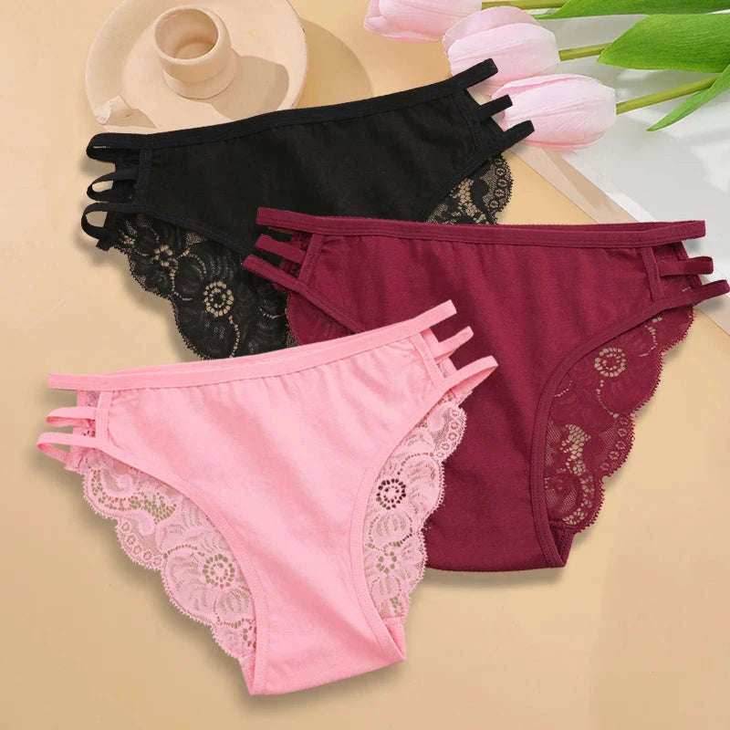 3PC Women's Floral Lace Panties – Low-Rise Transparent Briefs-Set 7 / L / 3pcs