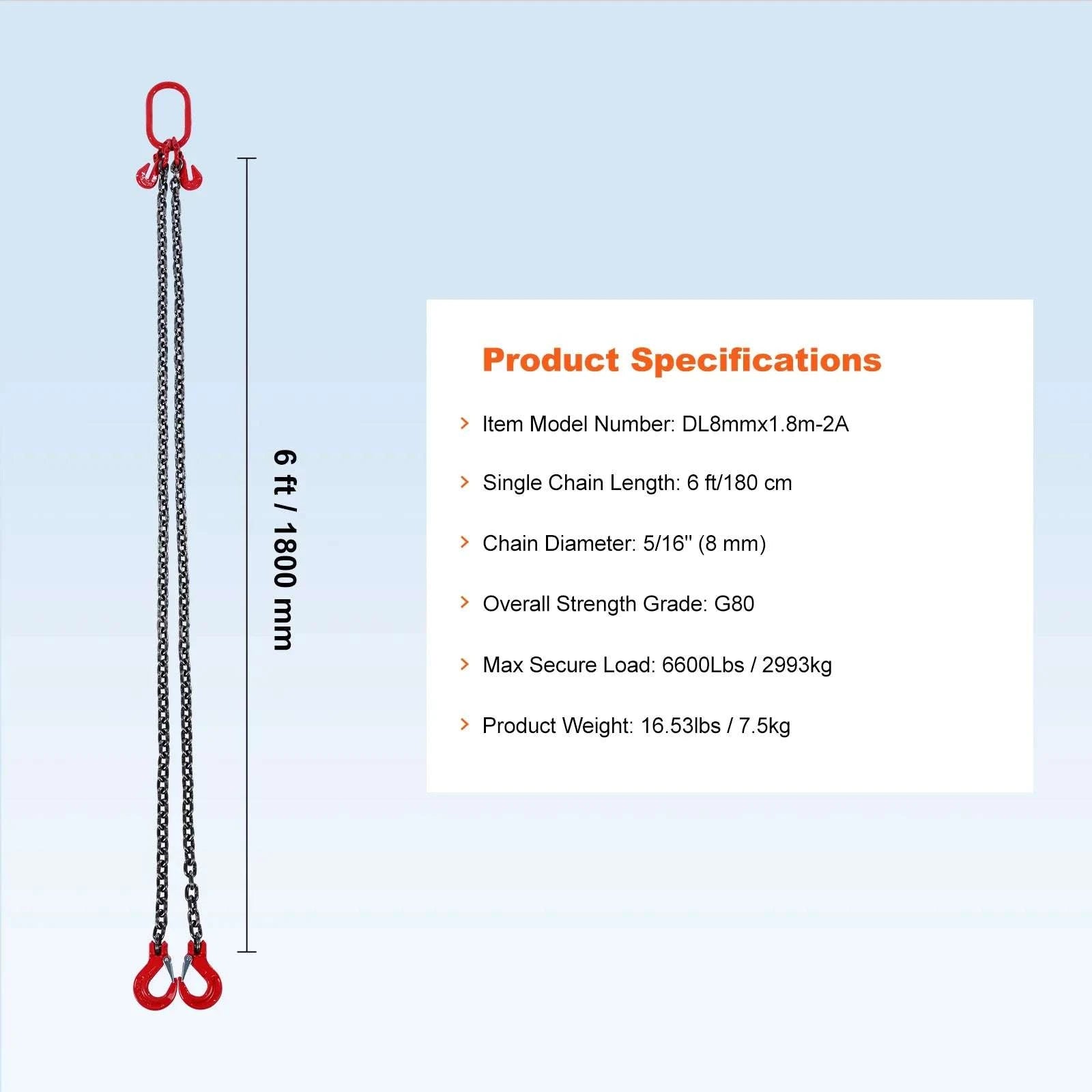 3T Chain Sling 6ft G80 Lifting Chains with Dual Grab Hooks-10mm / United States