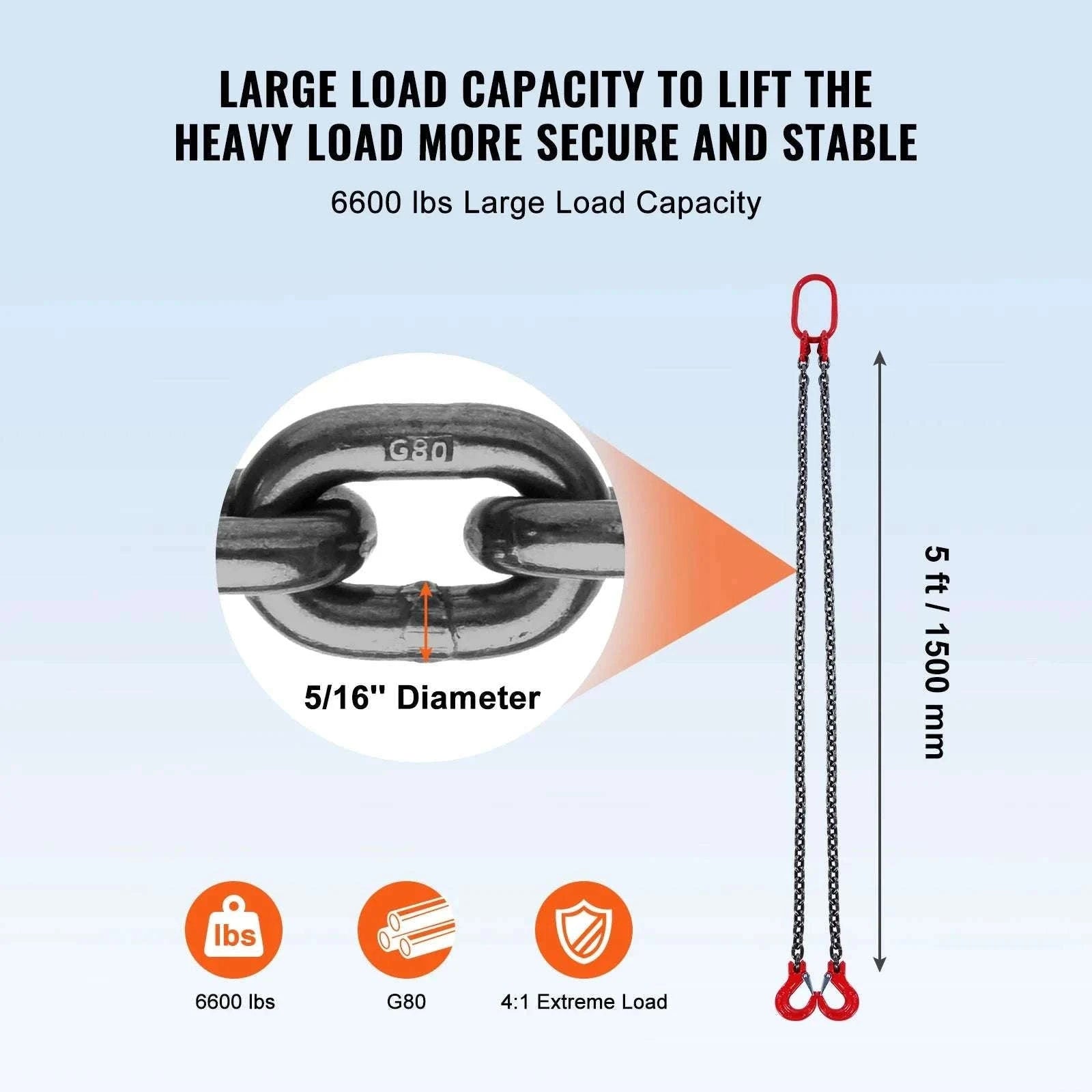 3T G80 Lifting Chain Sling 5ft with Grab Hooks for Engine Hoists-5ft 8mm / france