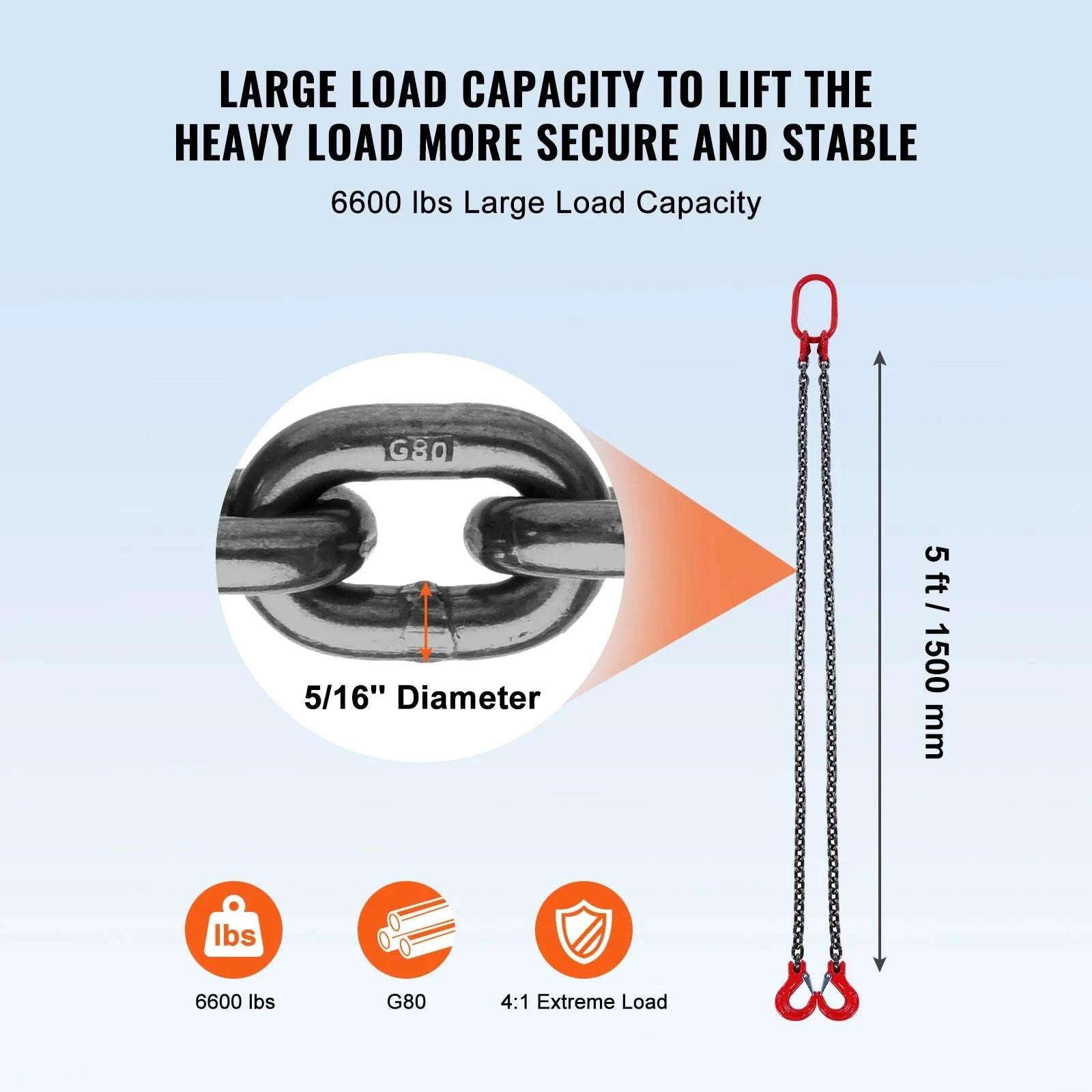 3T G80 Lifting Chain Sling 5ft with Grab Hooks for Engine Hoists-5ft 8mm / france