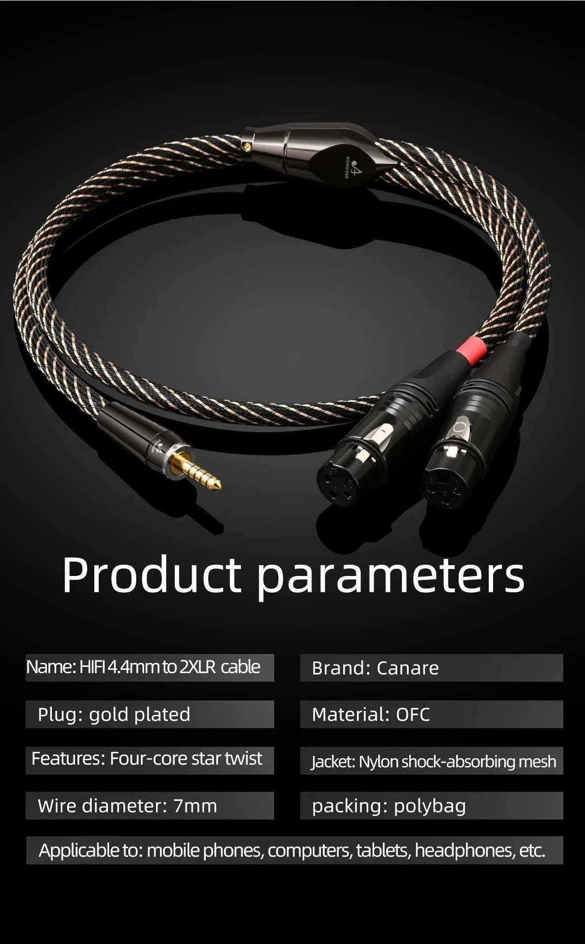 4.4mm Balanced to Dual XLR Cable for HiFi Audio and Studio Use-1.5m / 4.4mm to 2xlr male