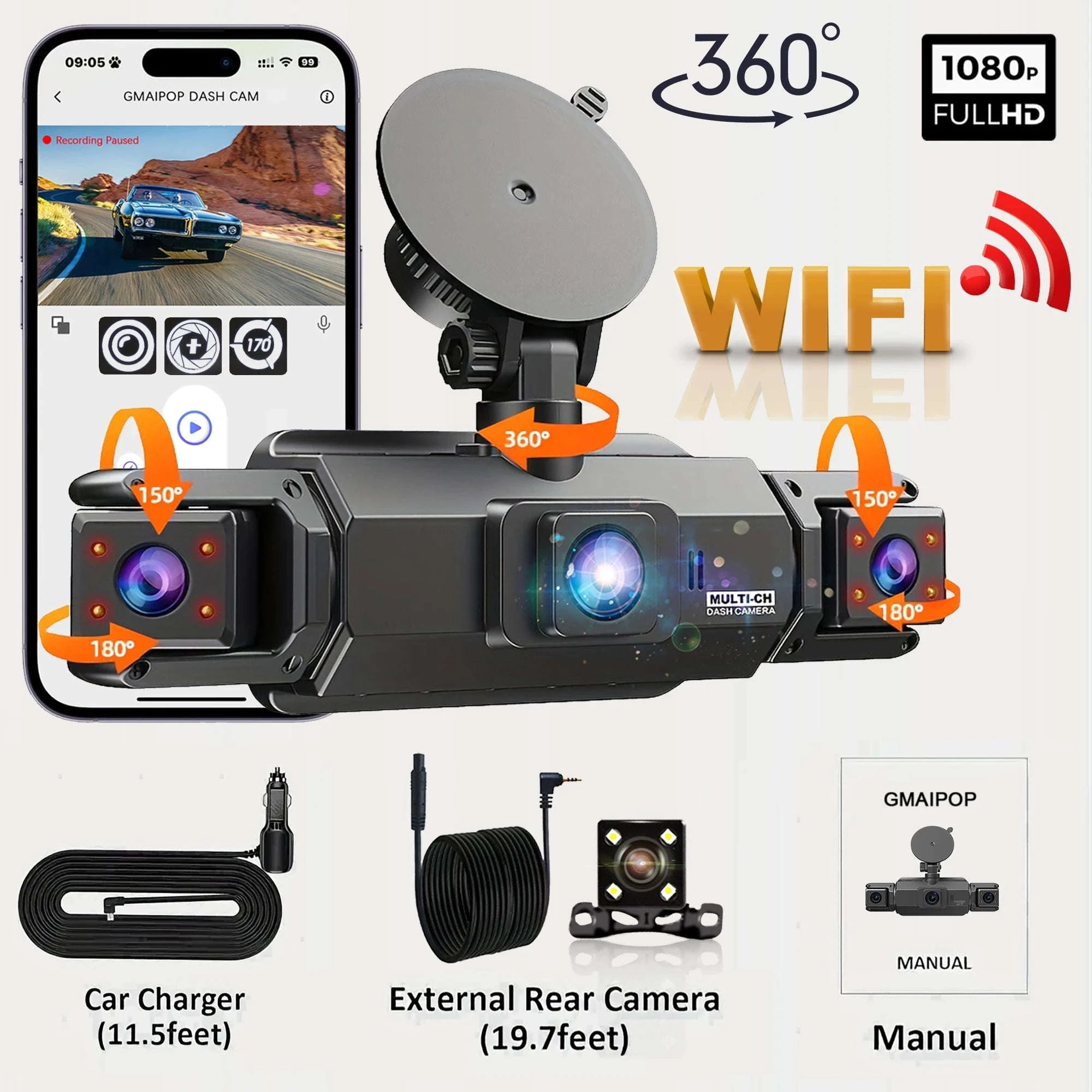 4-Channel Car Dash Cam with WiFi, 1080P Recording & Night Vision-WiFi 4Ch Dash Cam / No SD Card