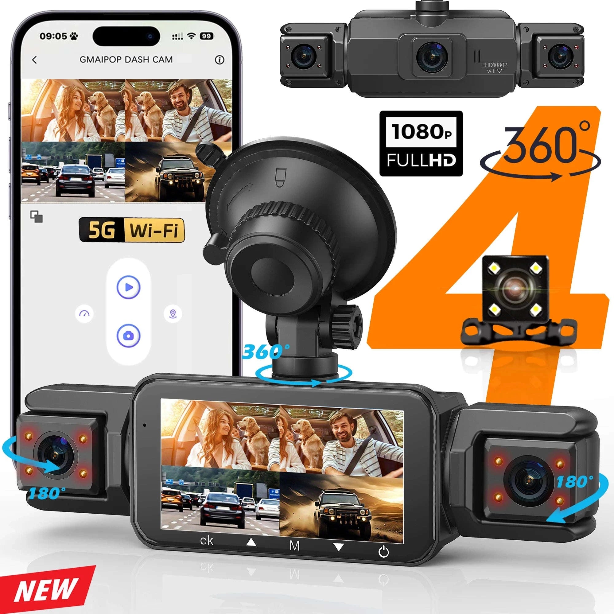 4-Channel Car Dash Cam with WiFi, 1080P Recording & Night Vision-WiFi 4Ch Dash Cam / No SD Card