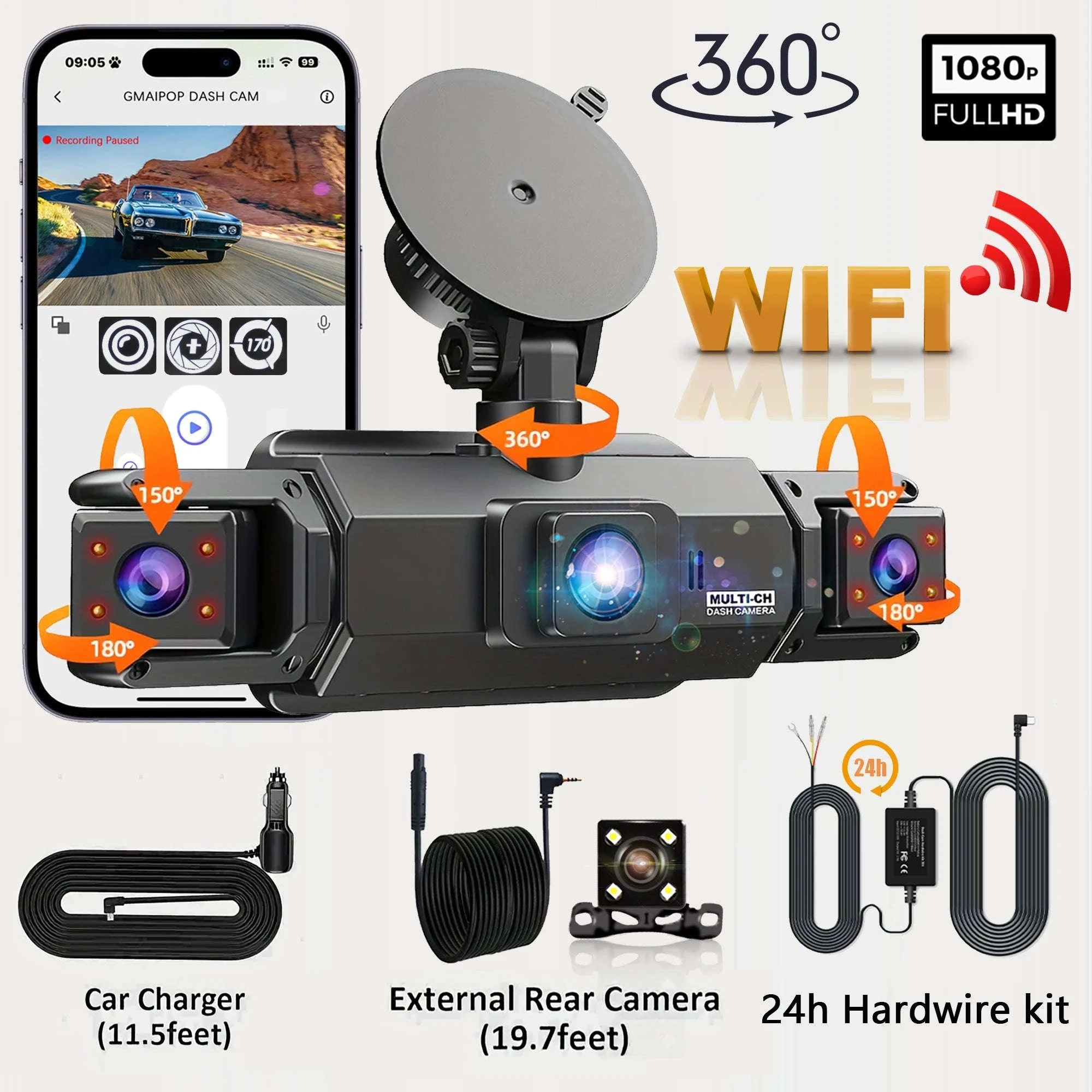 4-Channel Car Dash Cam with WiFi, 1080P Recording & Night Vision-WiFi 4Ch Dash Cam / No SD Card