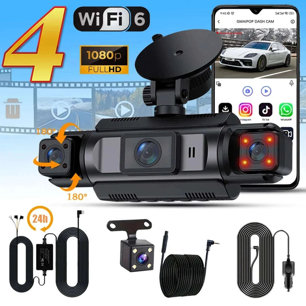 4-Channel Dash Cam 1080P WiFi Car DVR with Night Vision-No Hardwire kit / 32G Card
