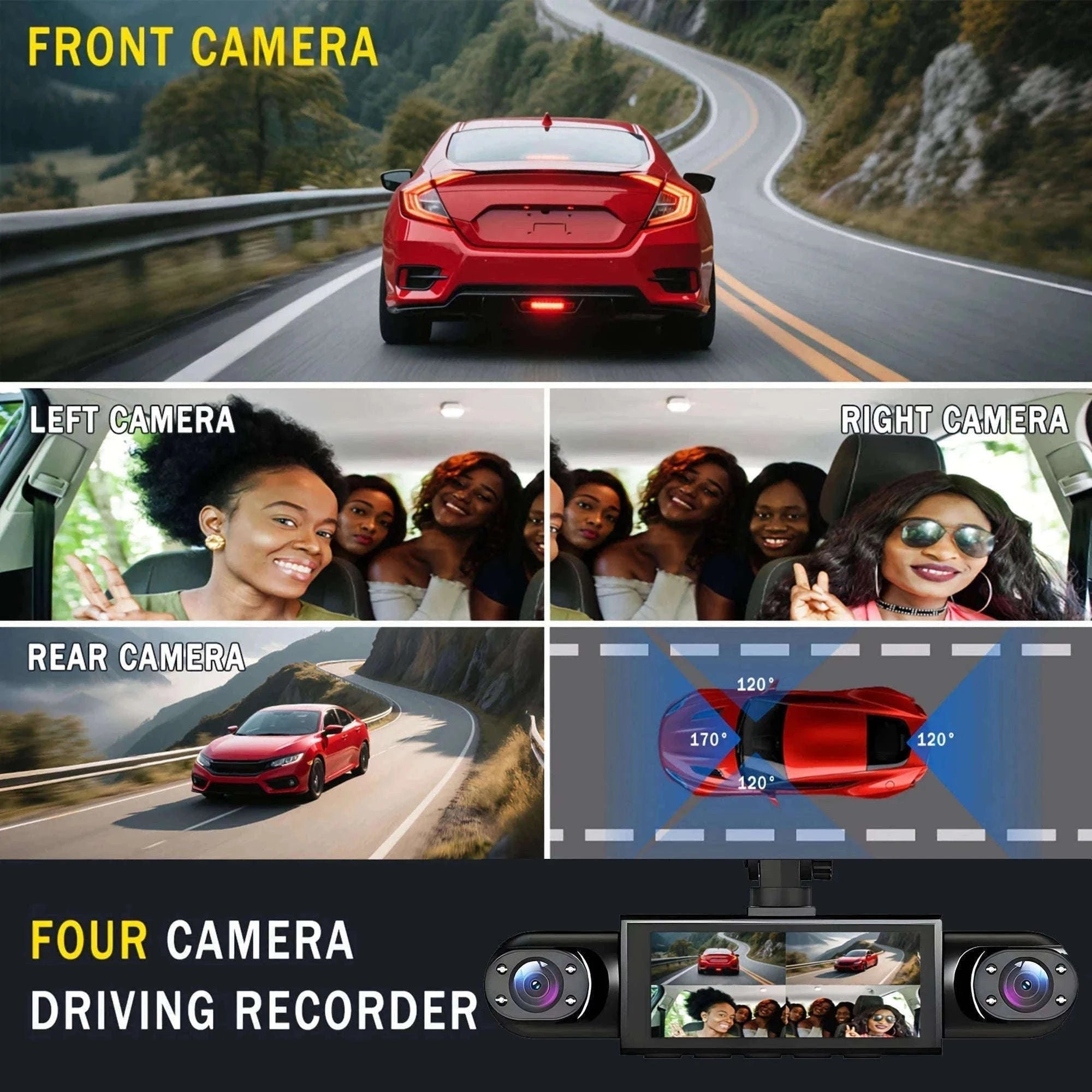 4 Channel Dash Cam 360° Car Video Recorder with Night Vision and Parking Monitor-4ch dash cam / No SD Card
