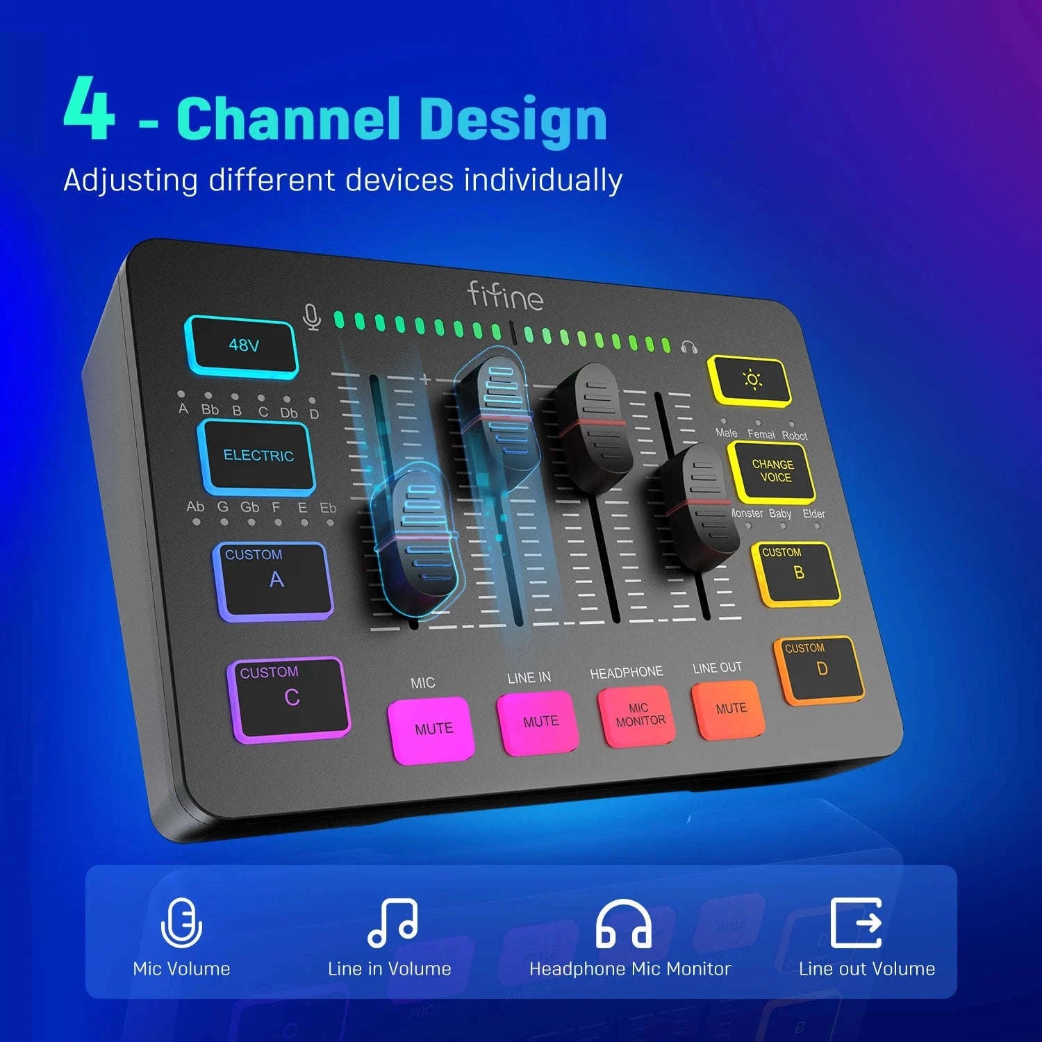 4-Channel Gaming Audio Mixer with XLR Mic Interface and RGB Controls-black