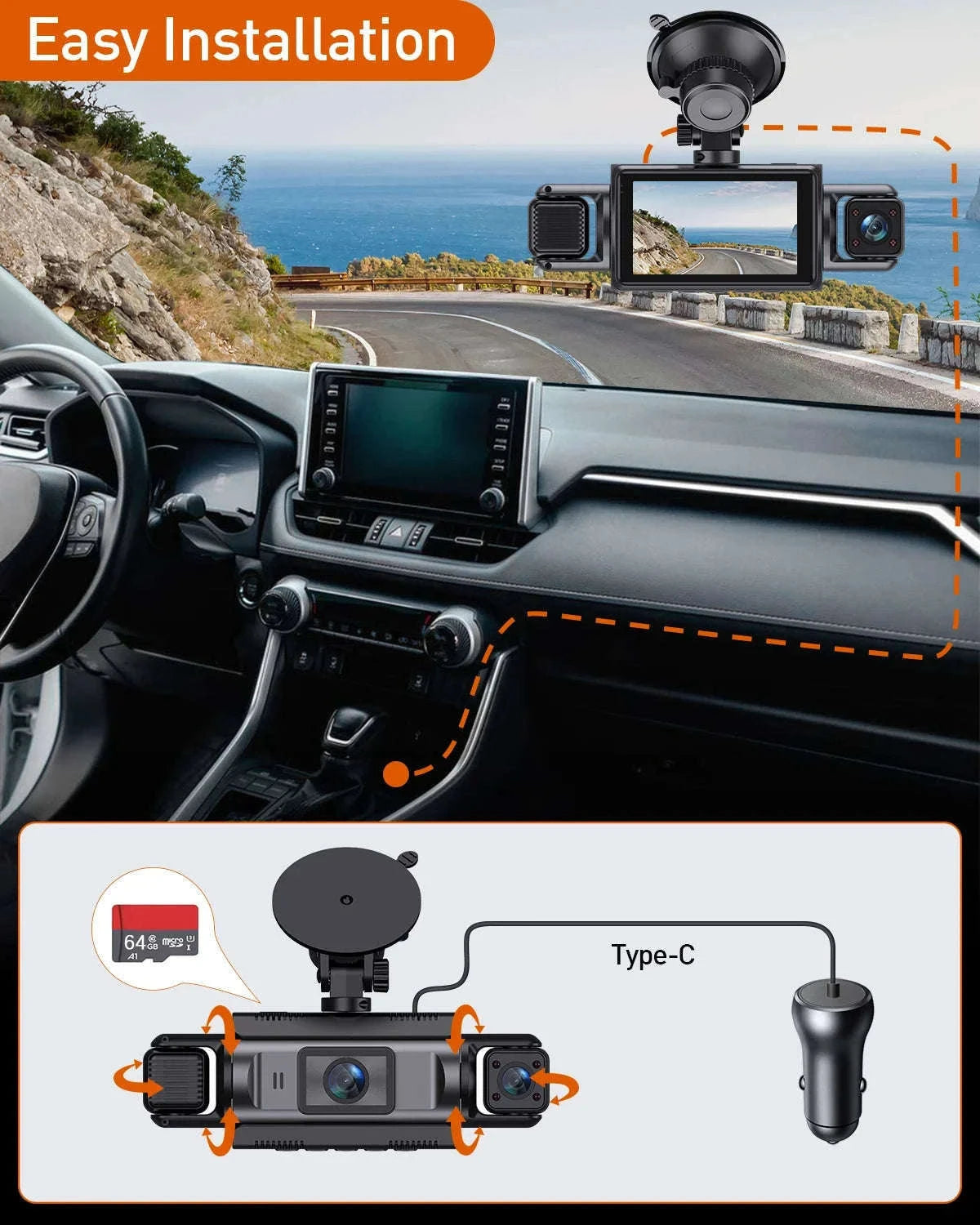 4-Channel WiFi Dash Camera with Night Vision-No Hardwire kit / China Mainland / No Card